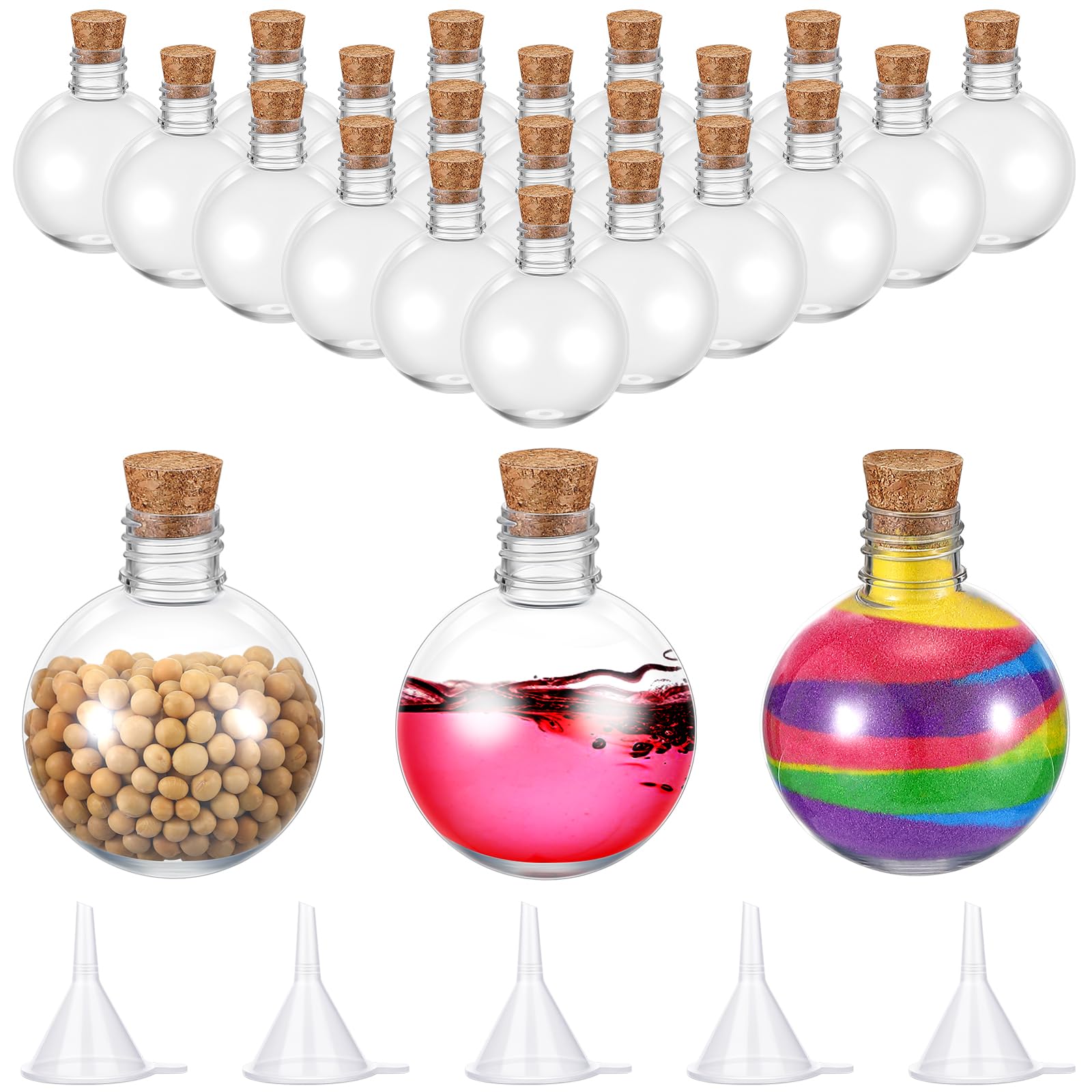 Layhit 24 Pcs Spherical Plastic Potion Bottles Ball Shape Round Bottles 3.4 oz Sand Art Jar with 5 Funnels Decorative container 