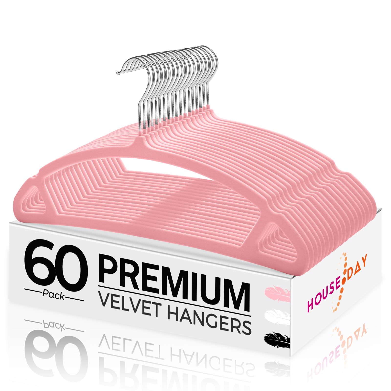 House Day Pink Velvet Hangers 60 Pack, Luxury Felt Hangers Non Slip Clothes Hangers, Space Saving Pink Hanger Heavy Duty Coat Ha