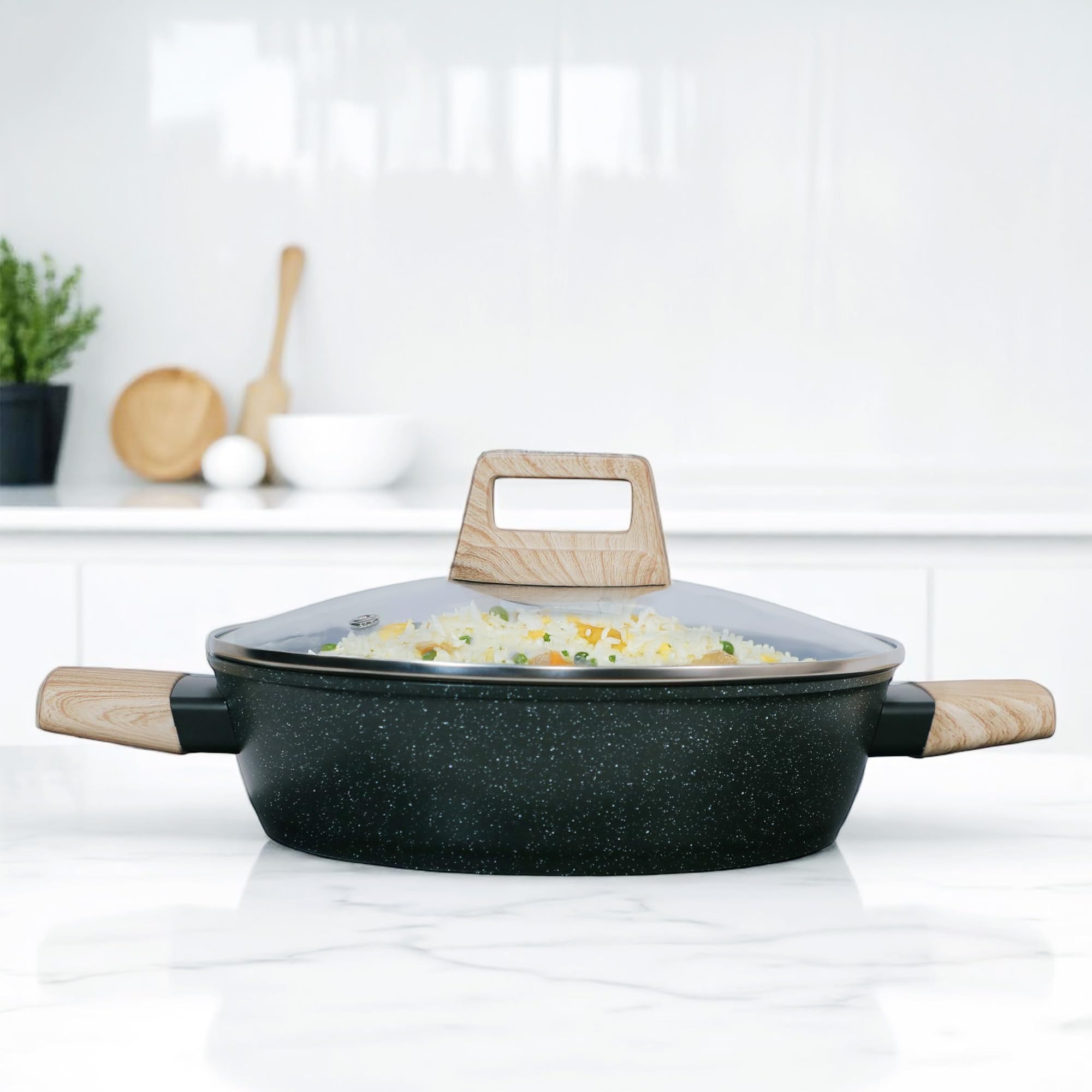 Solara Belmont Ceramic Non Stick Kadai With Lid For Cooking, 2.2 Litre/24Cm Non Stick Kadhai, Cast Aluminium Body Casserole, Ste