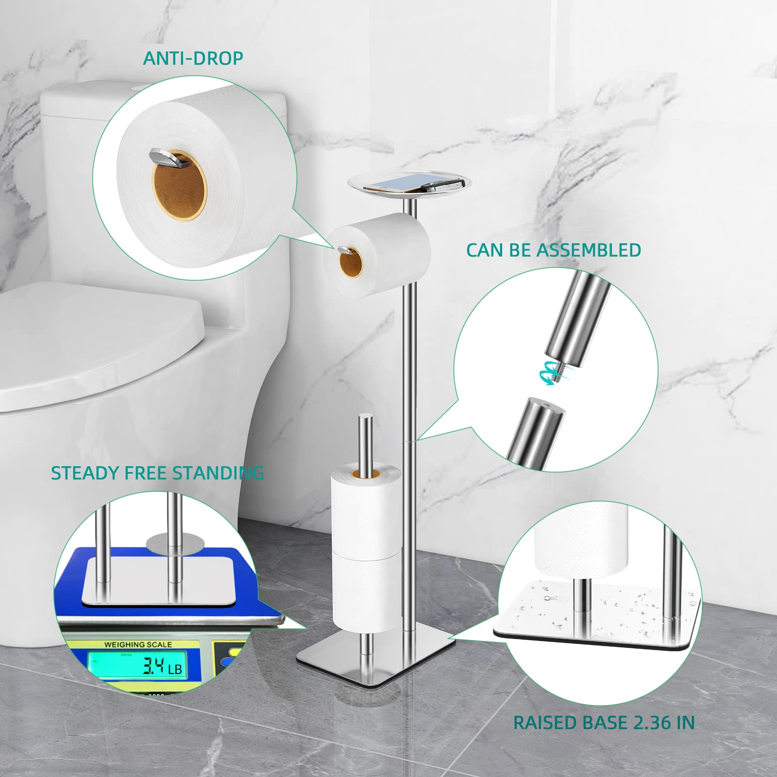 FEILERN Toilet Paper Holder Stand for Bathroom Floor Standing Toilet Roll Dispenser Storages 4 Reserve Rolls  with Top Storage Shelf for Cell Phones  Wipe  Wallet and More(Chrome)