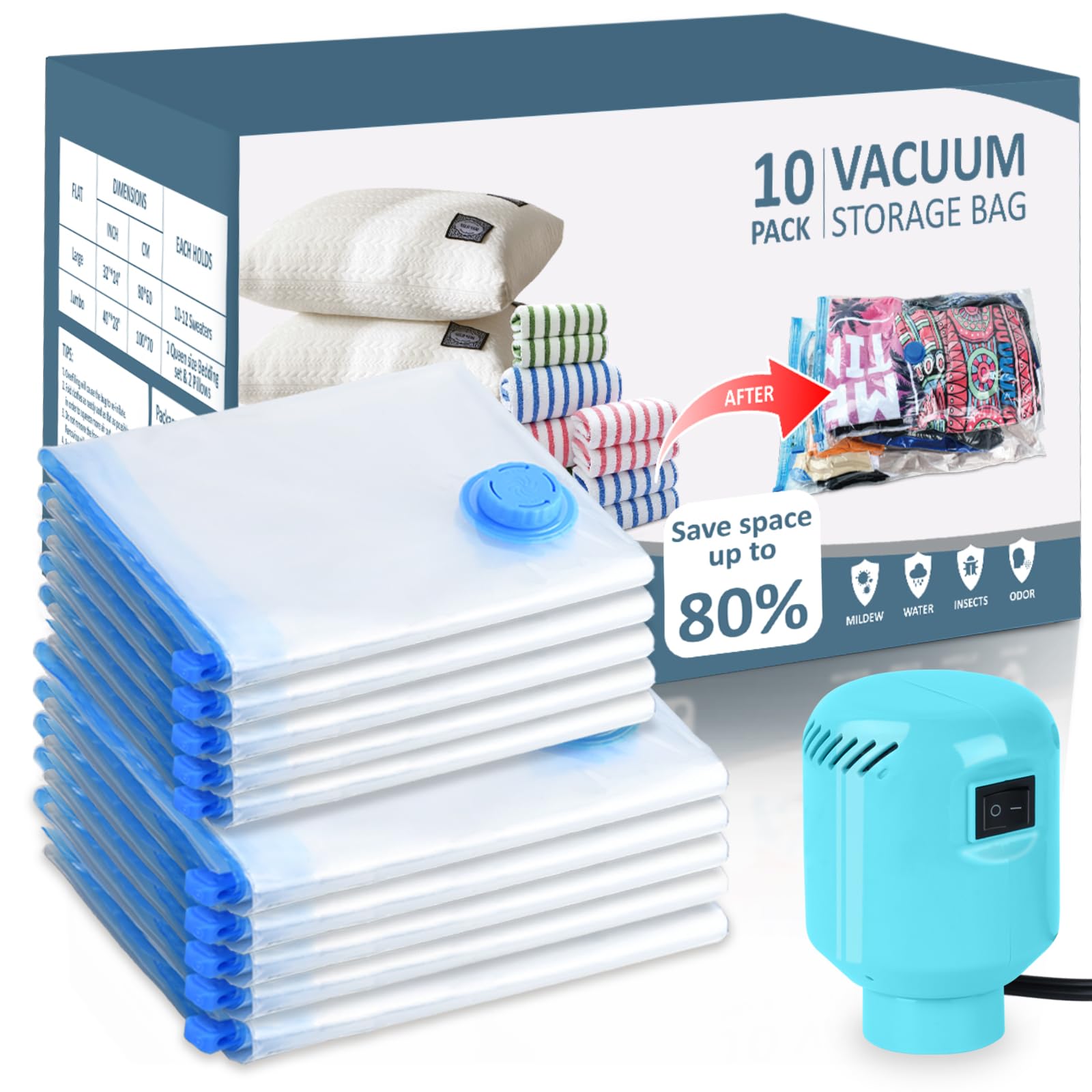 Hotbag Large Vacuum Storage Bags With Electric Pump 10 Pack (5 Jumbo/5 Large) Vacuum Seal Bags For Clothing Compression Space Sa