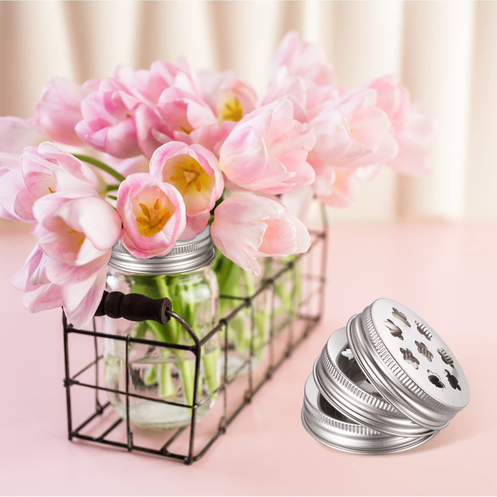12 Pcs Mason Flower Jar Holder Lid Metal Flower Lid Insert Mason Grid Flower Organizer Lid Insert For Regular Mouth Mason Cannin