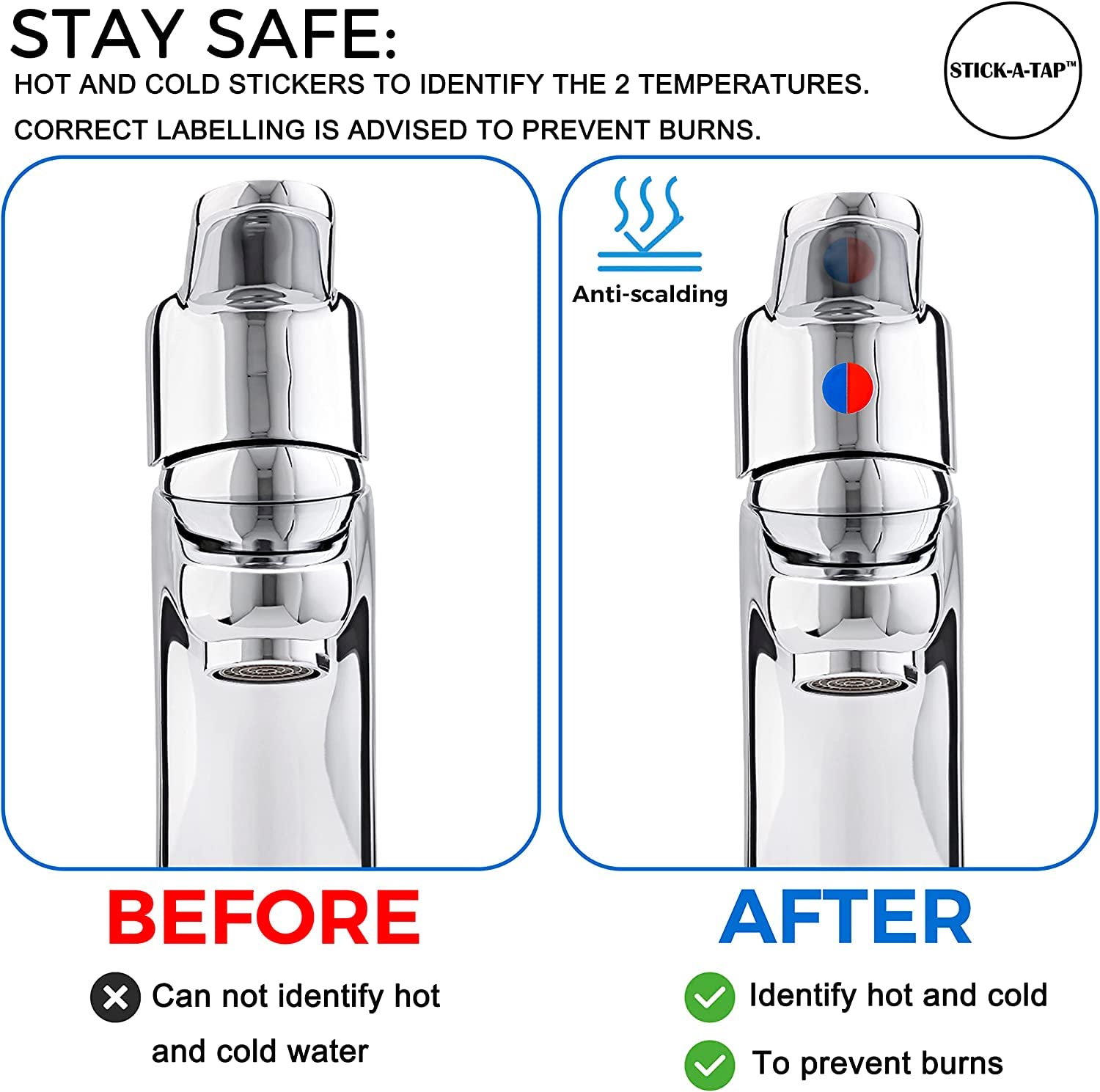 Danojo Faucet Stickers, 15 Hot And Cold Water Stickers - Kitchen Faucet Stickers - Red & Blue Vinyl Tap Faucet Transfer Stickers