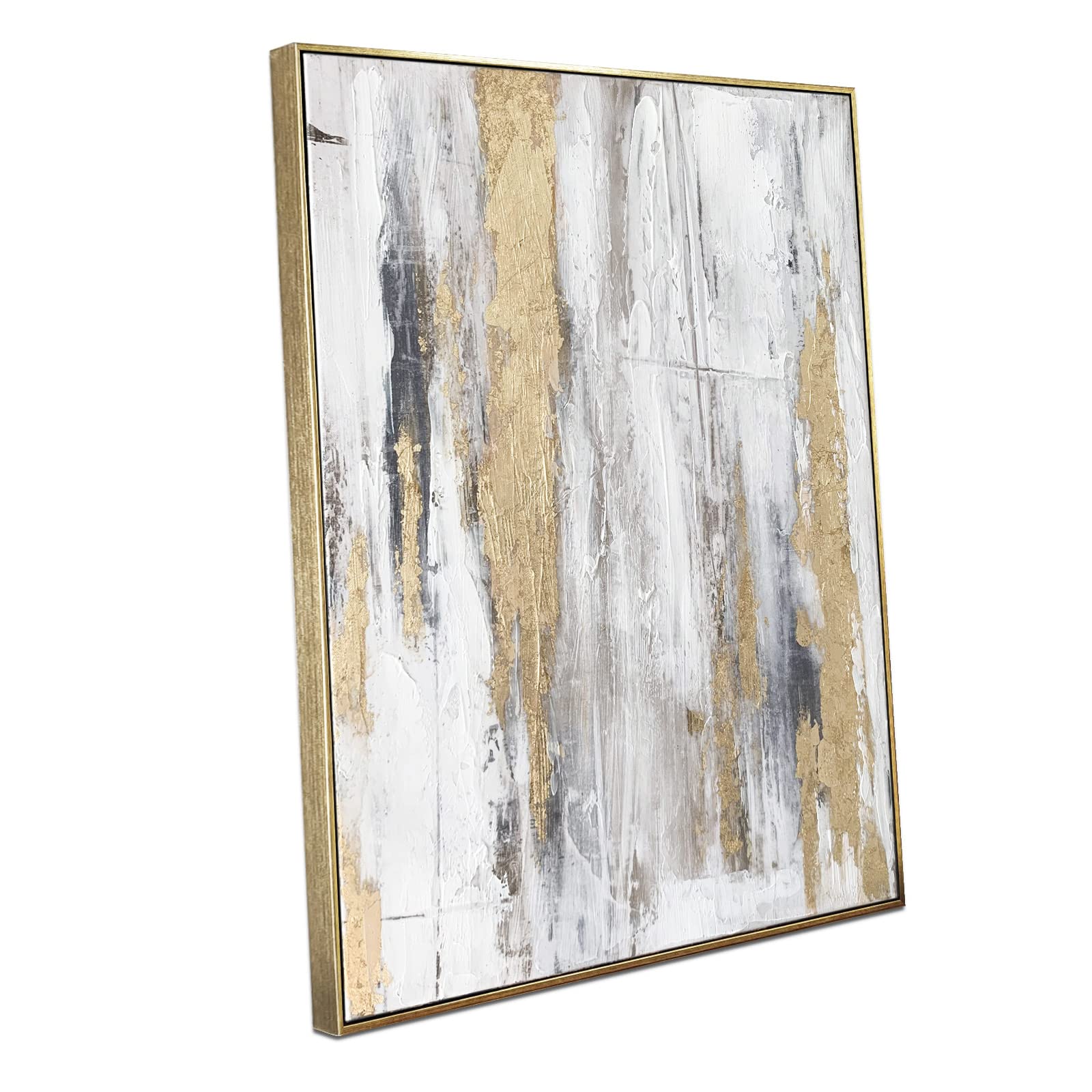 Zessonic Abstract Wall Art With Gold Foil - Gold And Gray Canvas Artwork With Glitter Texture For Modern Style Decor,Framed, Rea