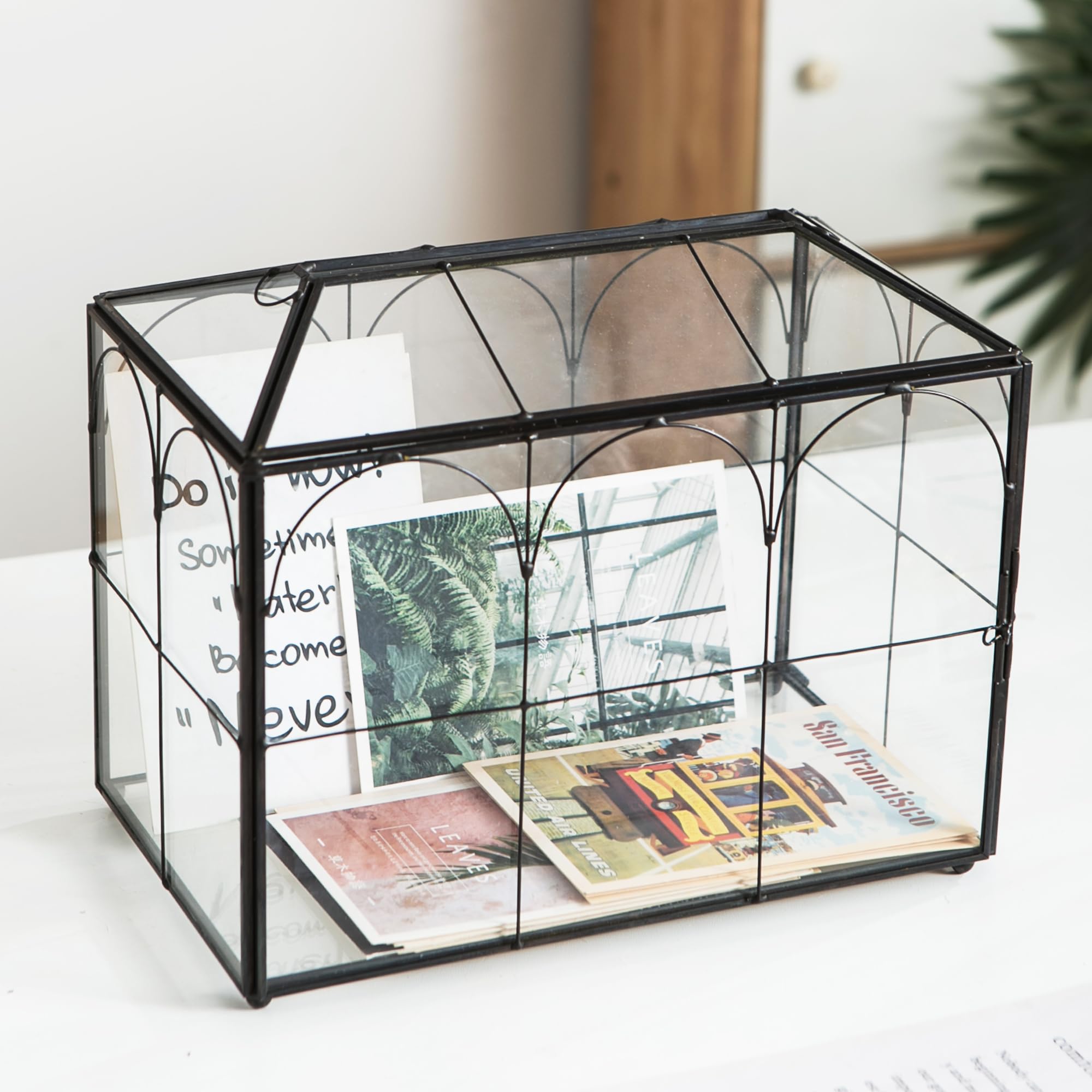 Sanllusit Wedding Card Box with Slot, 10.2'' Large Black Glass Card Boxes for Reception, Clear Decorative Storage Box with Lock