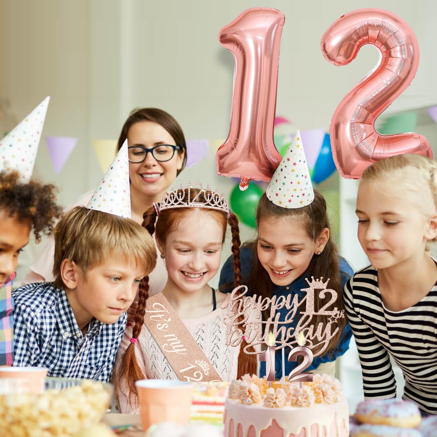 12Th Birthday Decorations For Girls Including 12Th Birthday Sash, Crown/Tiara, Candles And Cake Toppers, Number 12 Balloons, Ros