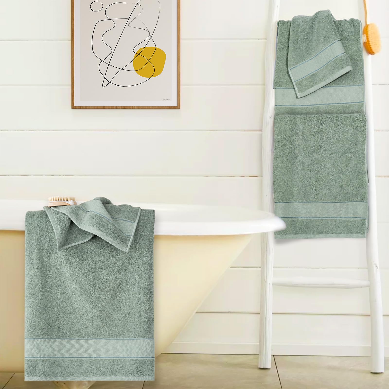 Cozyart Sage Green Bath Towels Set 6 Piece, 2 Bath Towels 2 Hand Towels 2 Washcloths, Luxury 100% Turkish Cotton 650Gsm Hotel Qu