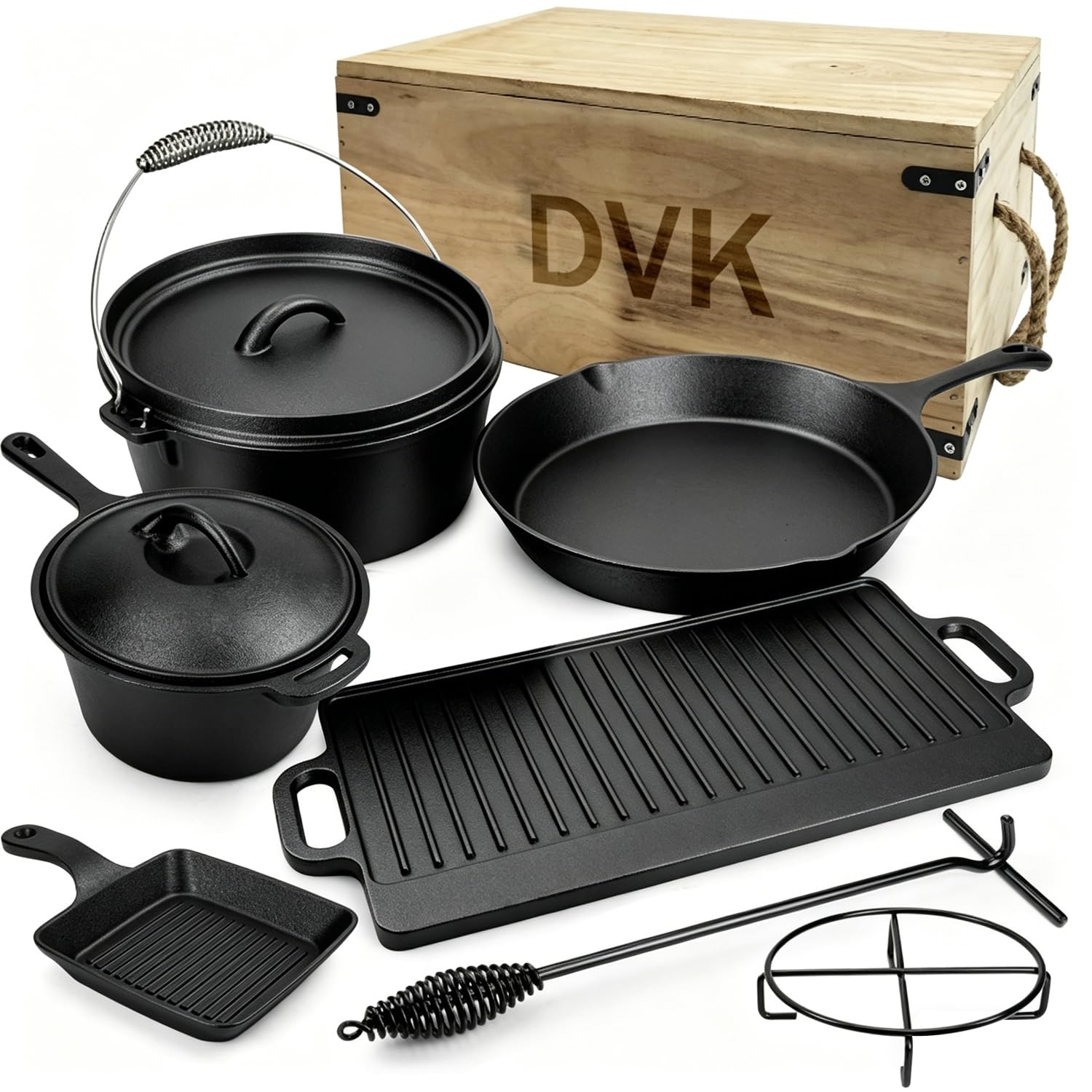 DVK 8 Piece Cast Iron Cookware Set with Vintage Wooden Storage Box, Preseasoned Skillets, Dutch Oven and Griddle Kit for Outdoo