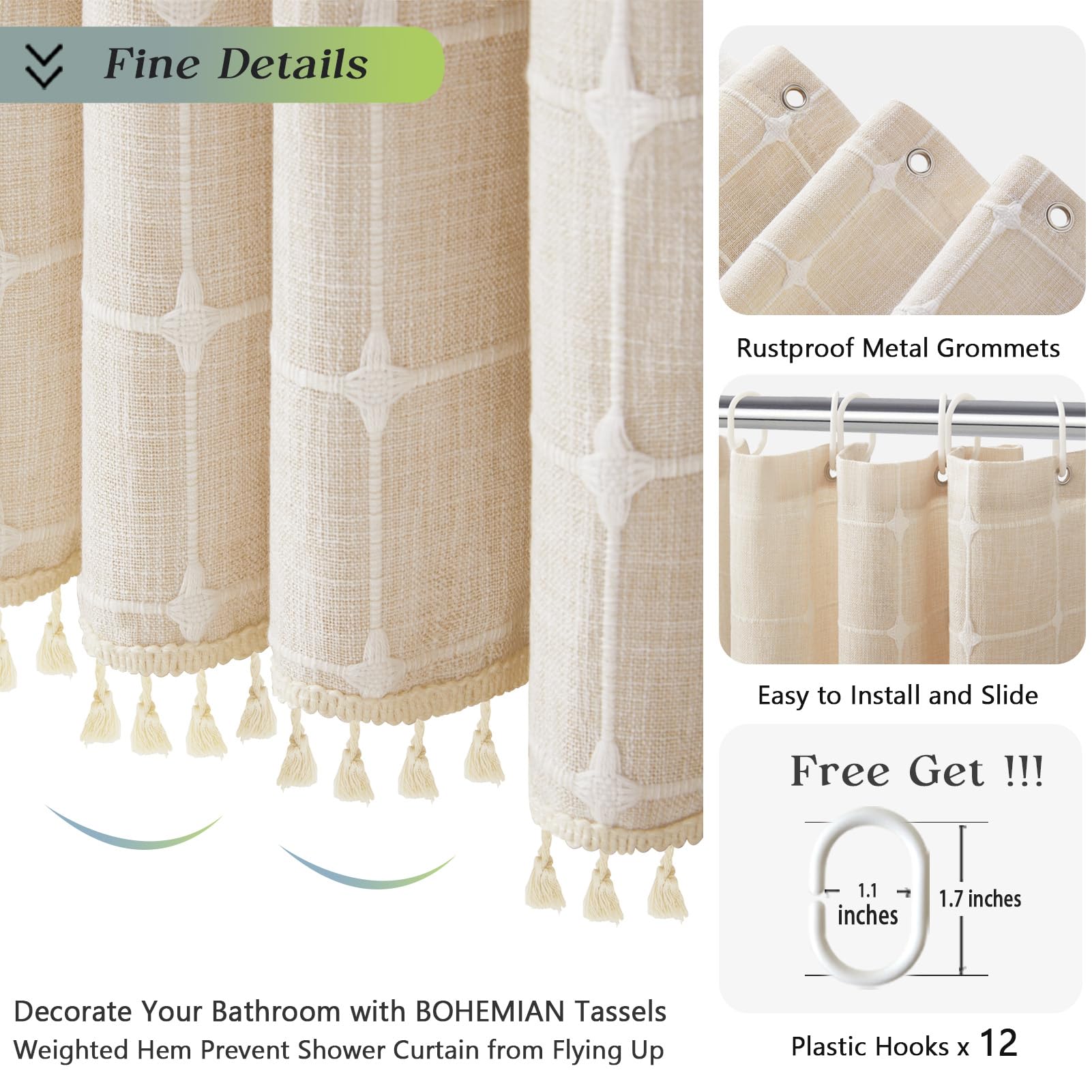 Yuanice Boho Farmhouse Shower Curtain 96 Inch Extra Long Linen Fabric Weighted Thick Bathroom Shower Curtain Set With Tassels, M