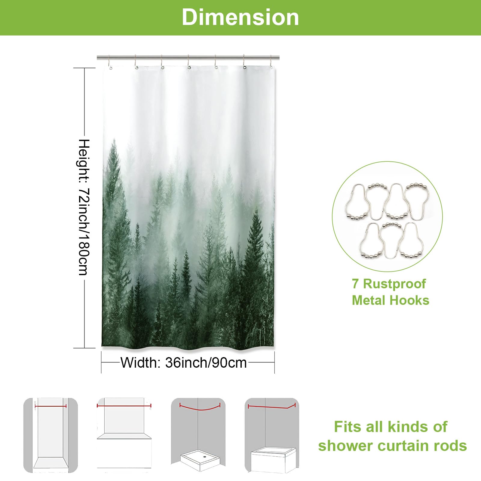 Ortigia Misty Forest Stall Shower Curtain For Small Bathroom, Green Half Size Narrow Nature Woodland Shower Curtain Set With Hoo