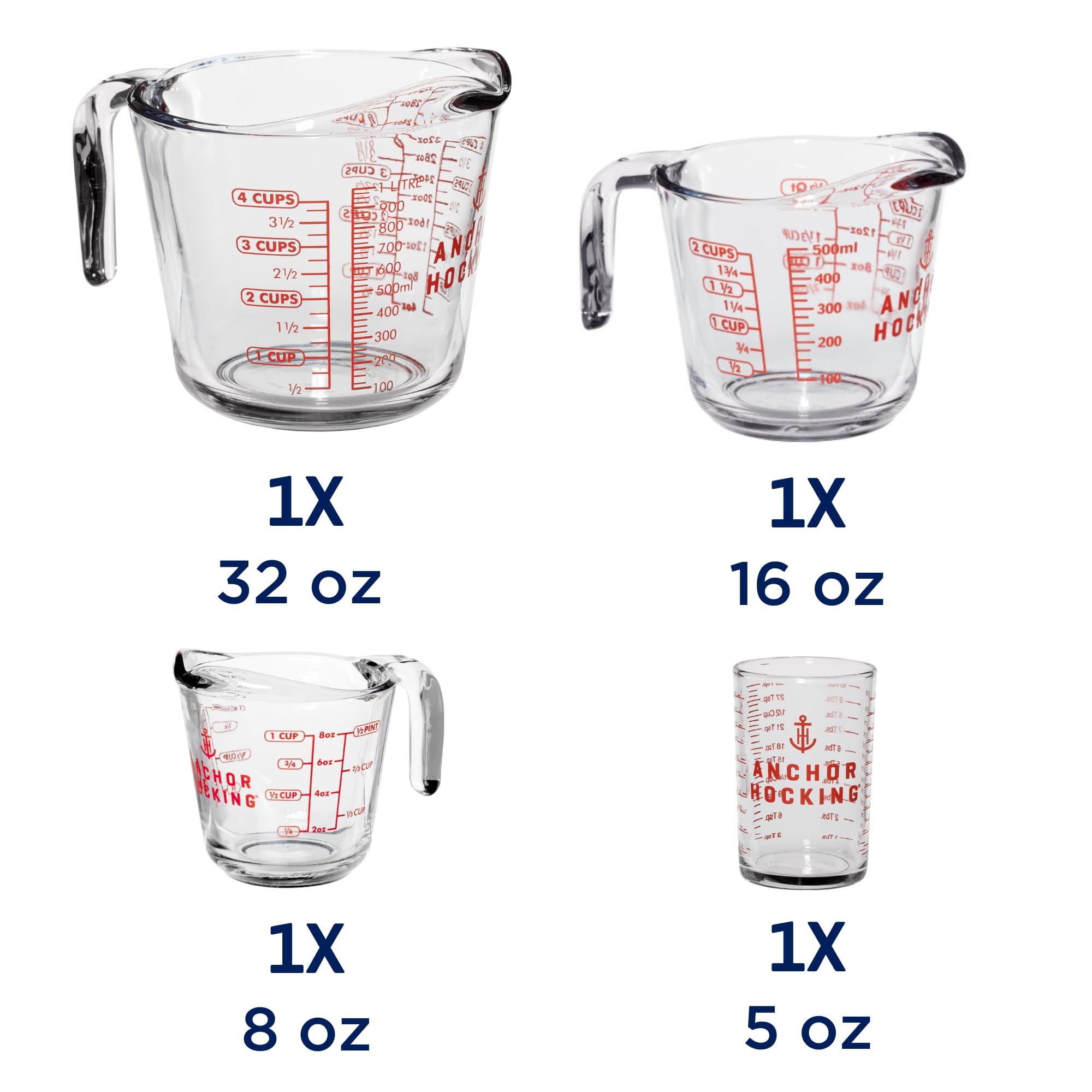 Anchor Hocking Glass Measuring Cup Set, 4 Pieces, Includes 5 oz, 1-cup, 2-cup, 4-cup, Clear, Model 14525ECOM