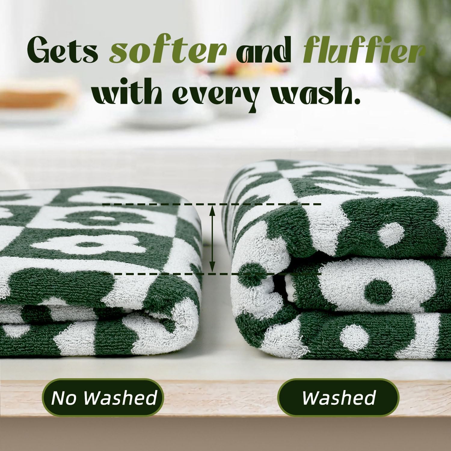 Jacquotha Bath Towels Set Of 2 Checkered Floral - Quick Dry Cotton Towels Decorative In Forest Green & White, Bathroom Essential