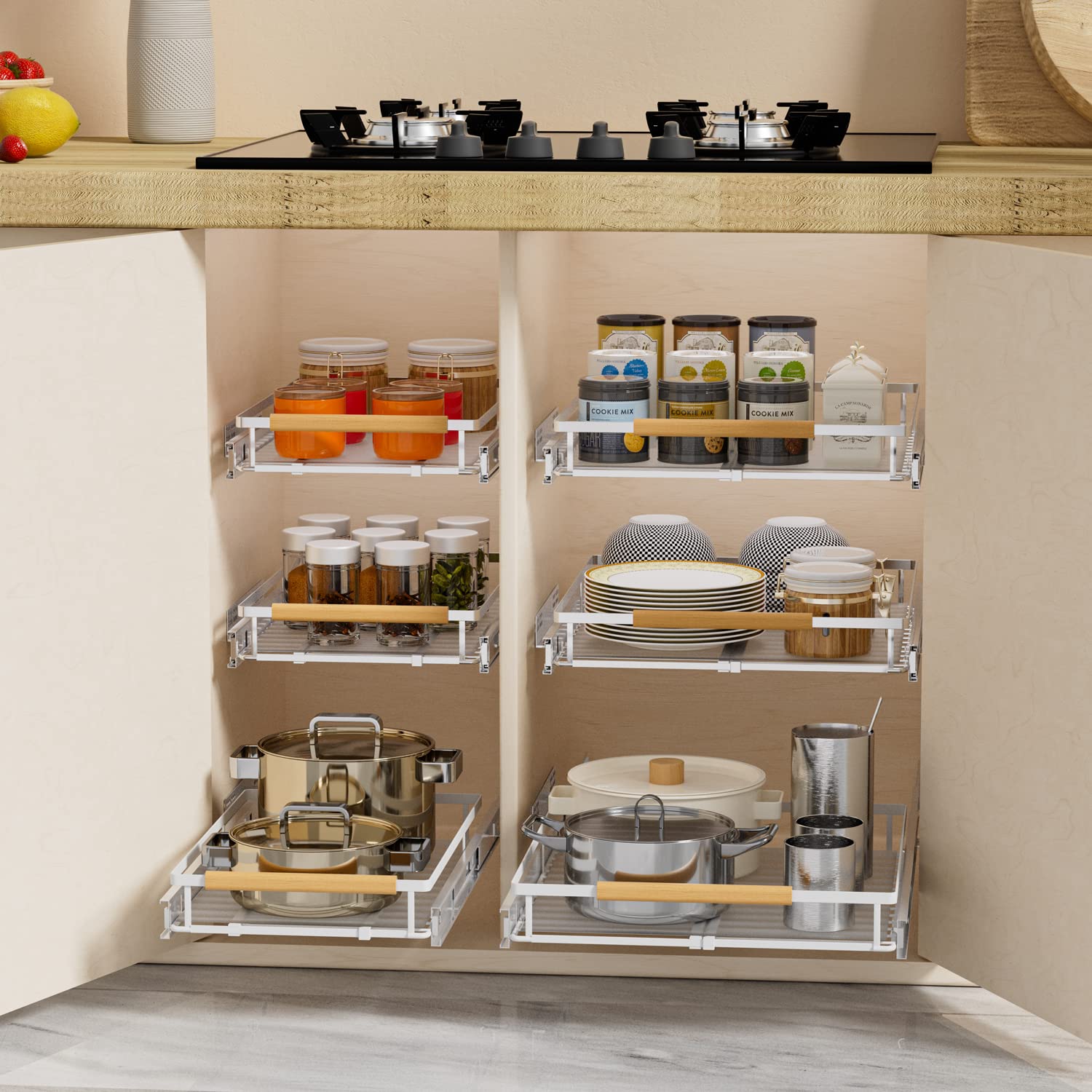 Sanno Pull Out Cabinet Organizer, Slide Out Cabinet Shelf,Under Sink Slide Out Cabinet Organizer, Pots Pans Organizer Smooth Rol