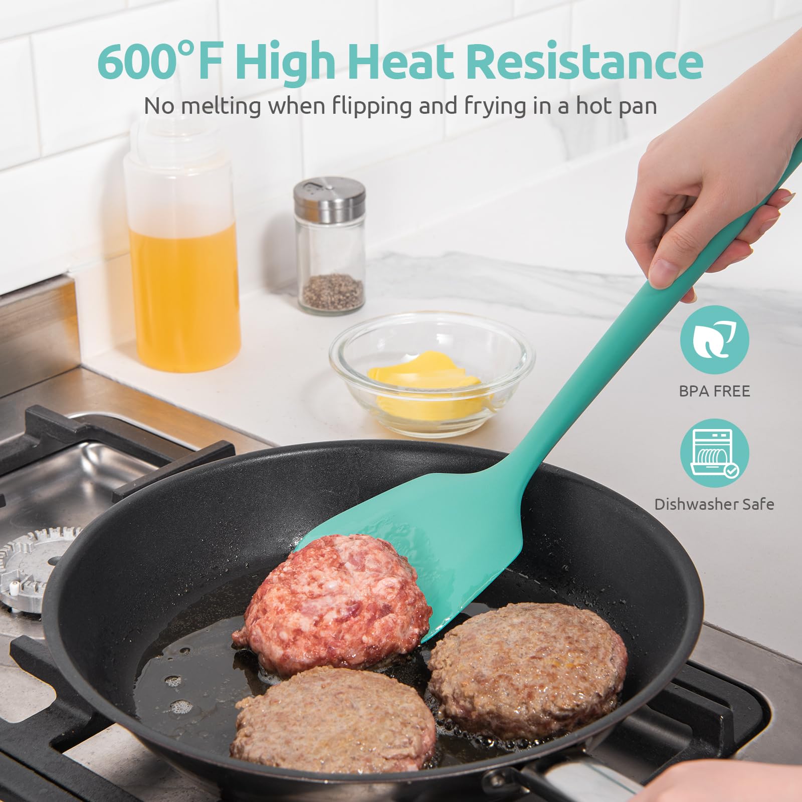 13.6'' Solid Silicone Turner: U-Taste 600F Heat Resistant Kitchen Spatula Flipper, Food Grade Flexible Wide Seamless Rubber Cook