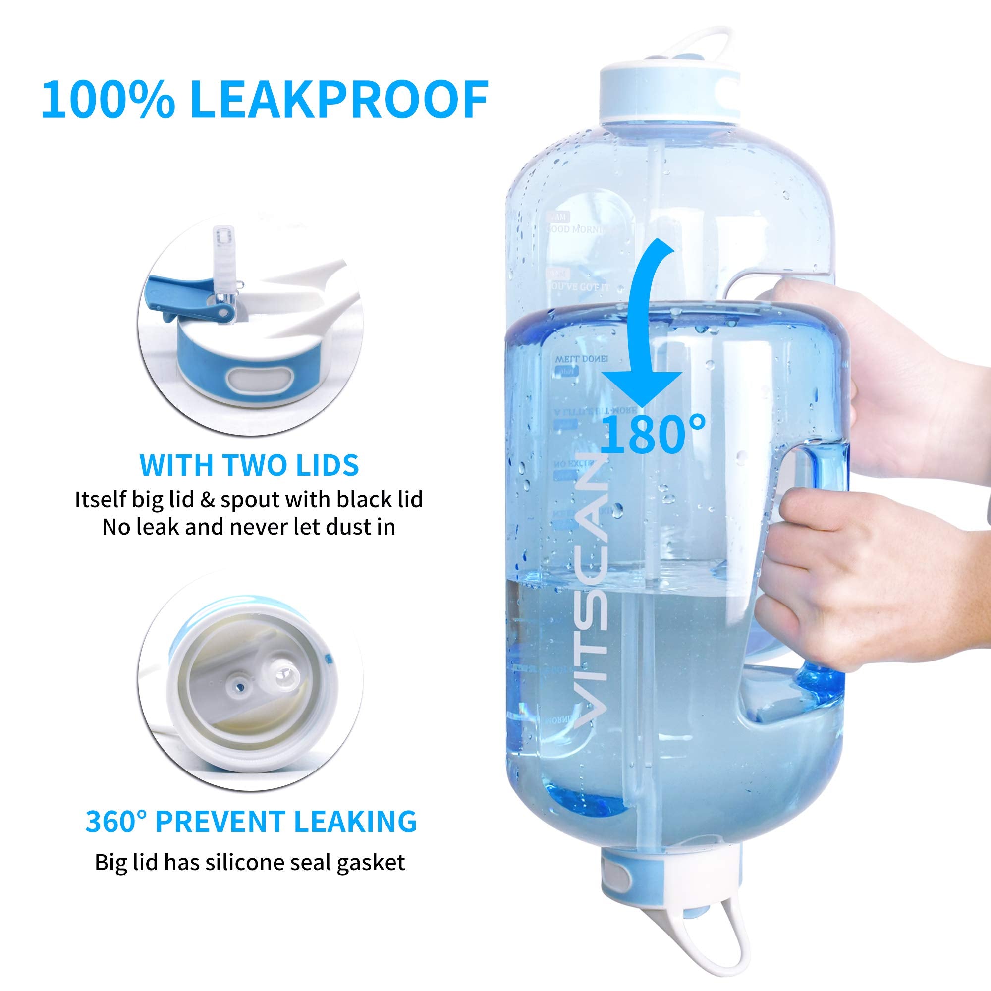 128OZ/1 Gallon Water Bottle with Straw Motivational Water Bottle with Time Marker  Large Water Bottle 128 Oz Water Bottle  Big Water Jug for Sports Water Bottles  Two Handles BPA Free (Blue)