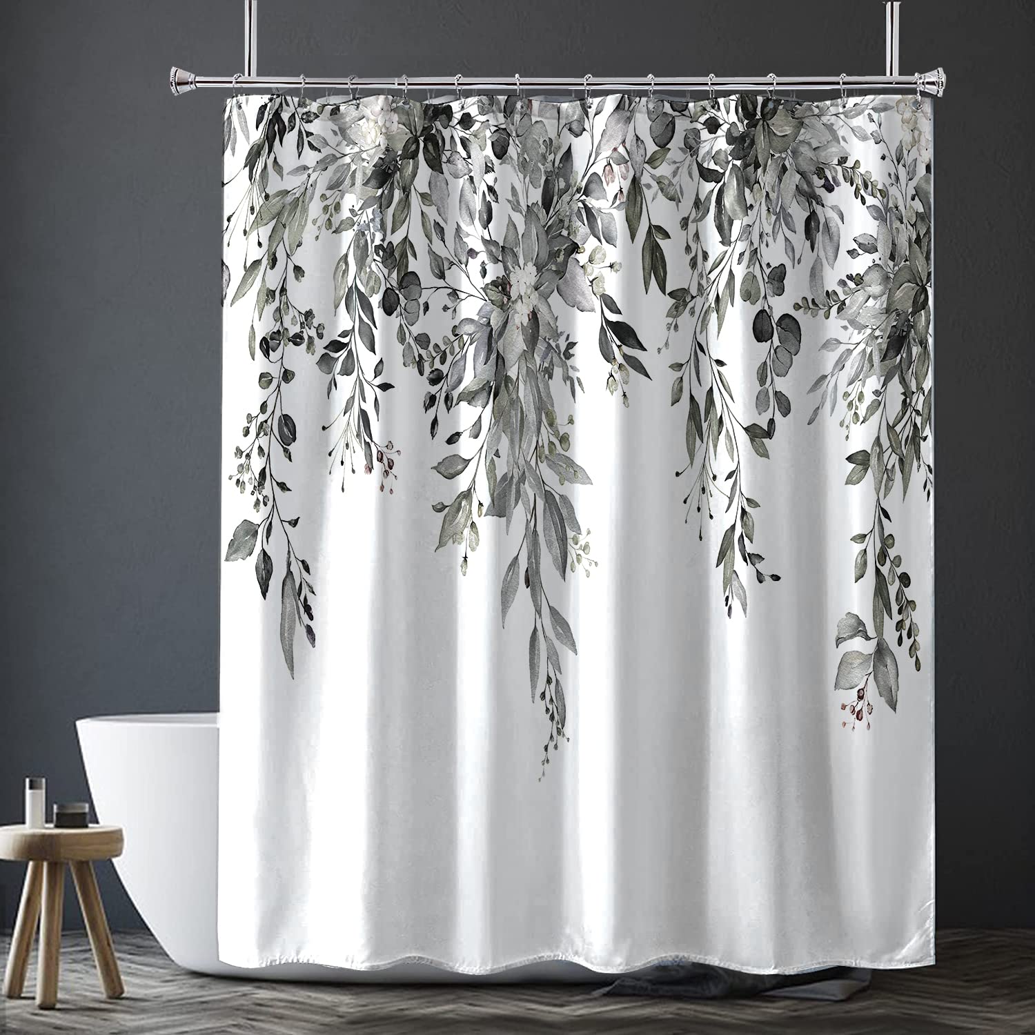 Nuseiis Black and White Eucalyptus Leaves Shower Curtain 72 x 72  Fabric Gray Shower Curtain Sets  Floral Plant Bathroom Curtain Decor with Hooks