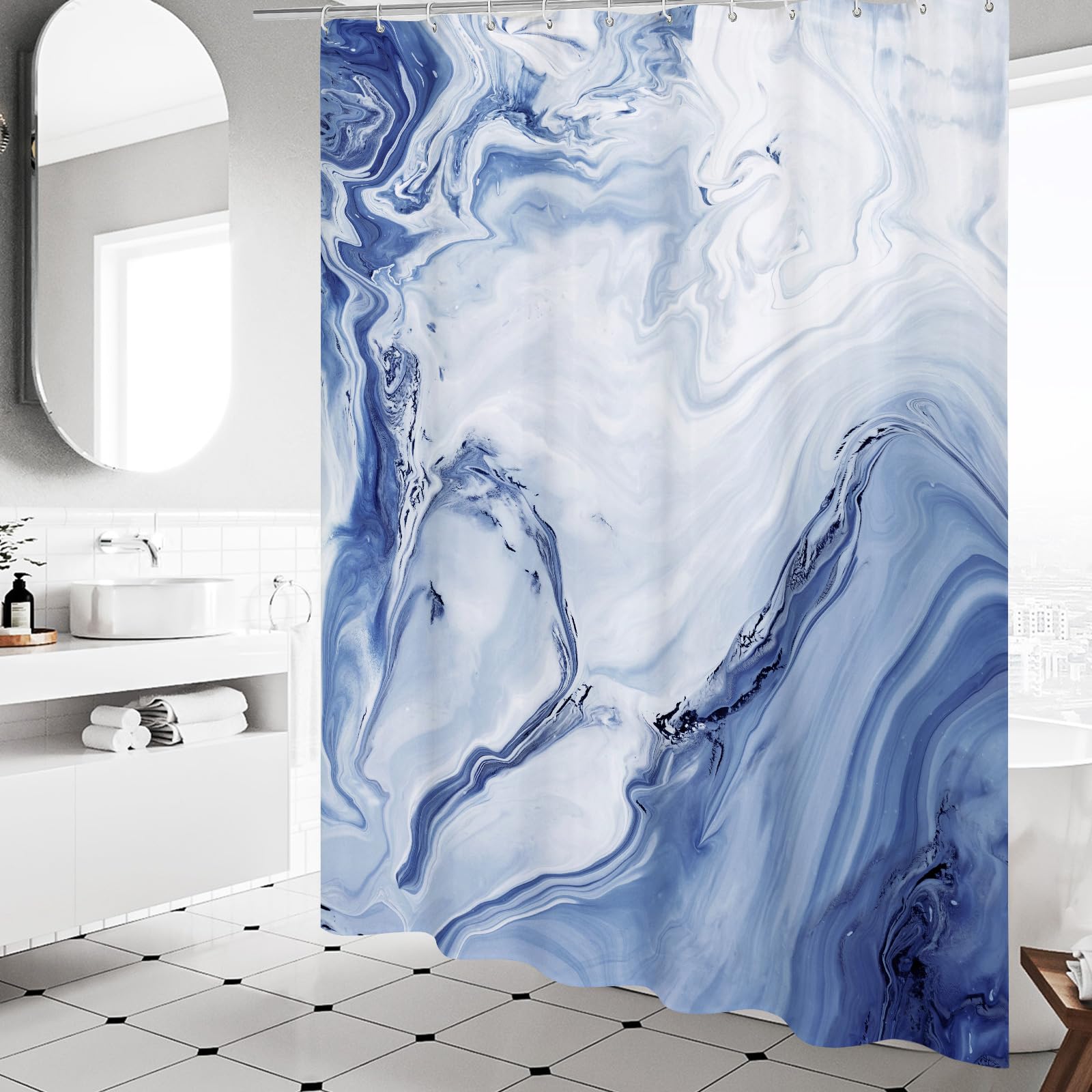 Mitovilla Navy Blue Marble Small Stall Shower Curtain 36 X 72, Abstract Ombre Half Size Narrow Shower Curtain Set, 36 Inch Moder