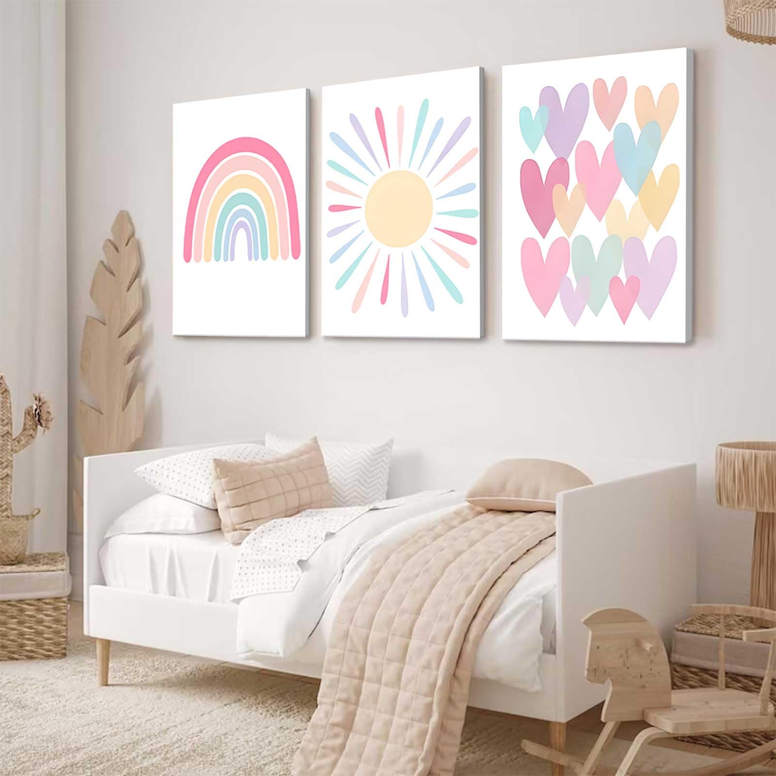 Rcjarti 3Pcs Pink Nursery Canvas Wall Art Rainbow Poster Kids Bedroom Baby Girls Toddler Pastel Wall Decor Prints Sun Boho Pink