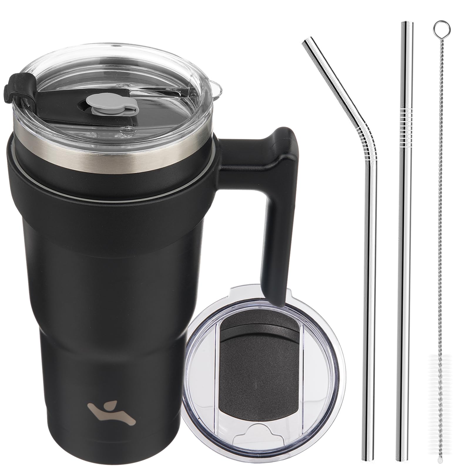 Konokyo 20 oz Tumbler with Handle and 2 Straw 2 Lid, Insulated Water Bottle Stainless Steel Vacuum Cup Reusable Travel Mug,Black
