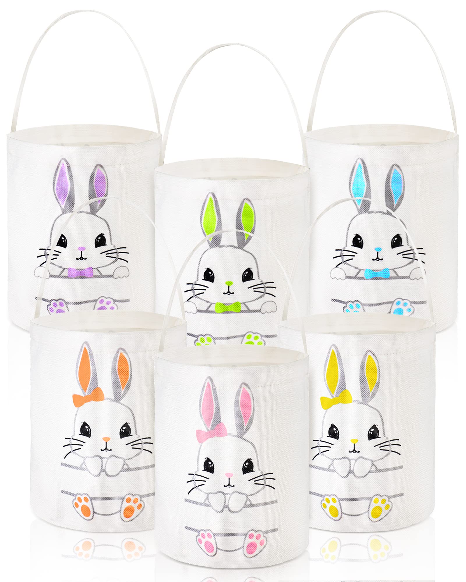 Photect 6 Pcs Easter Canvas Bunny Bucket Basket Bag with Handles for Kids 6 Color Rabbit Reusable Egg Hunting Treat Candy Goody 