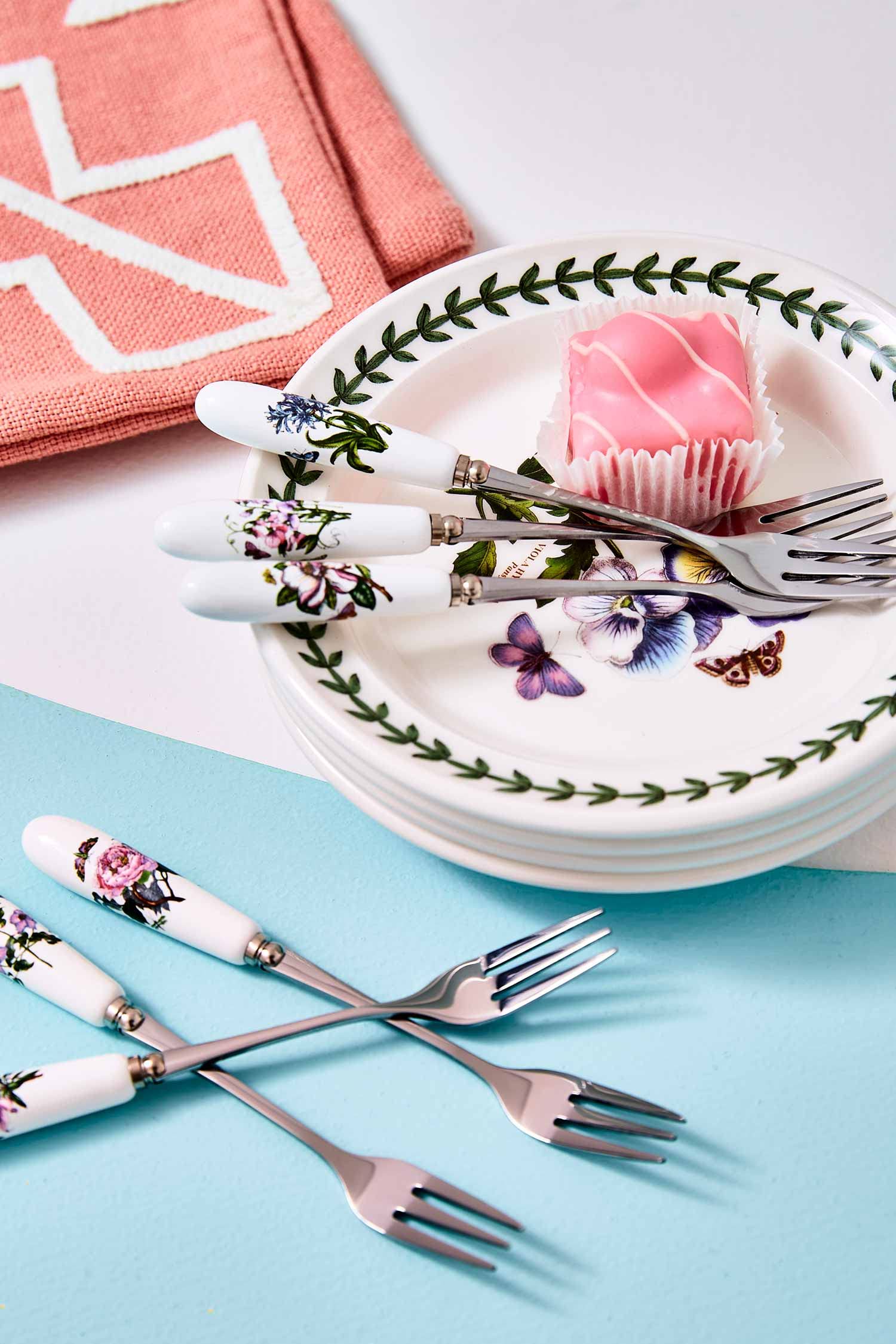 Portmeirion Botanic Garden 6'' Pastry Forks - Set Of 6 | Assorted Floral Motifs | Stainless Steel And Porcelain | Chip-Resistant