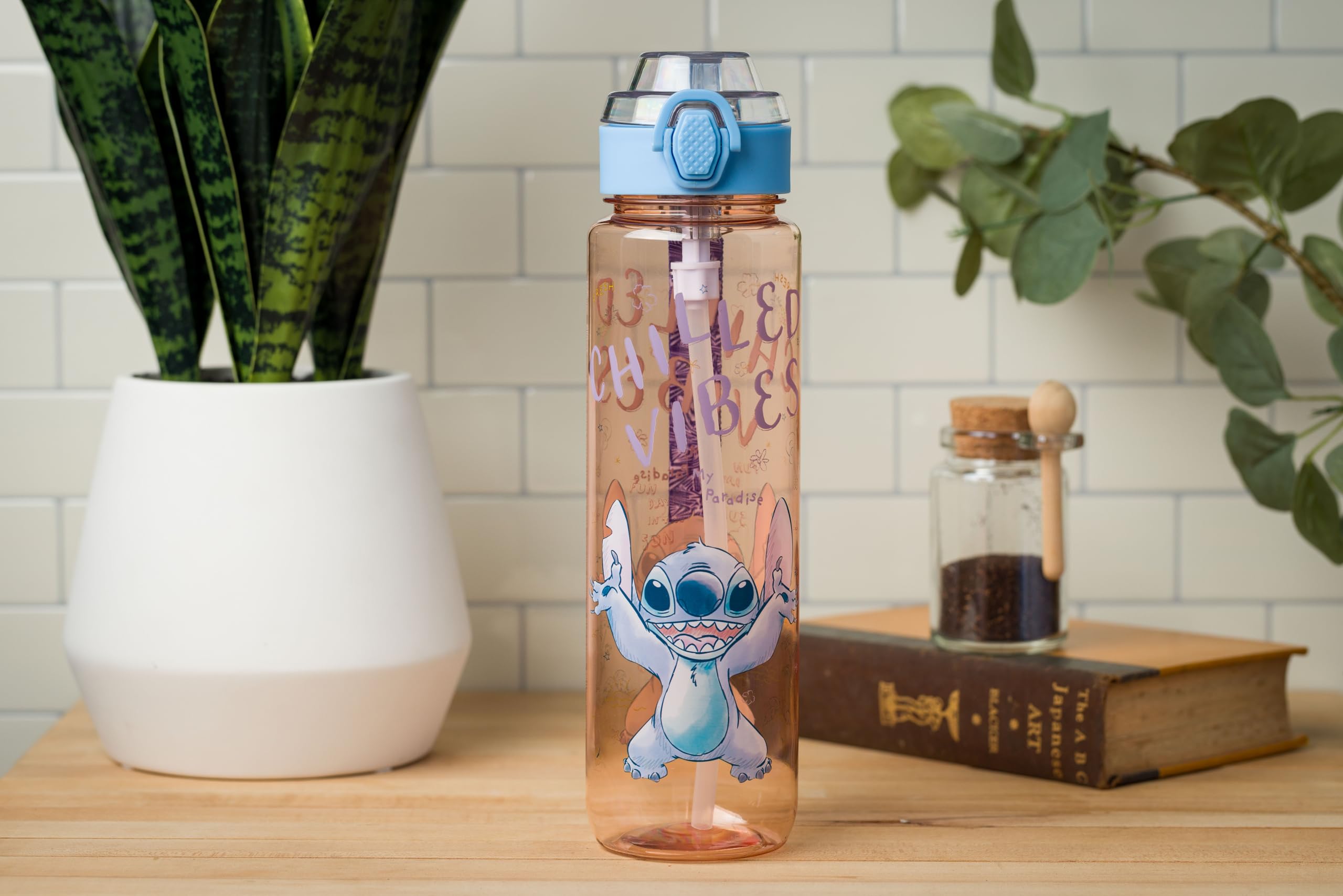 Silver Buffalo Disney Lilo And Stitch Chilled Vibes Plastic Water Bottle With Locking Lid, Strap, And Straw, 33 Ounces