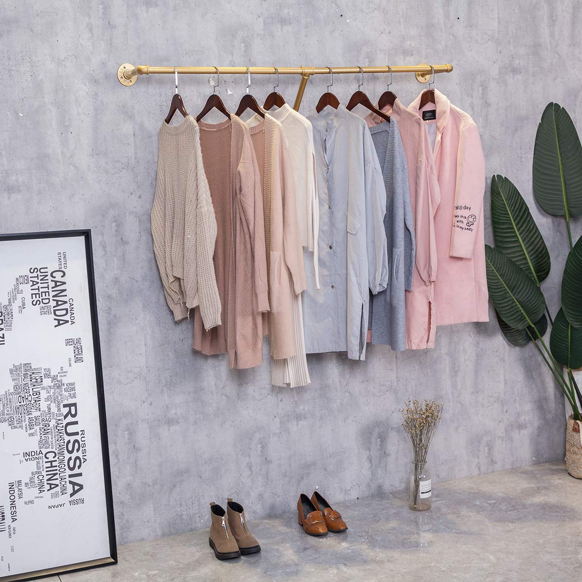 Furvokia Industrial Pipe Wall Mounted Clothes Hanging Shelves System,Metal Clothing Towel Rack,Garment Rack Perfect For Retail D