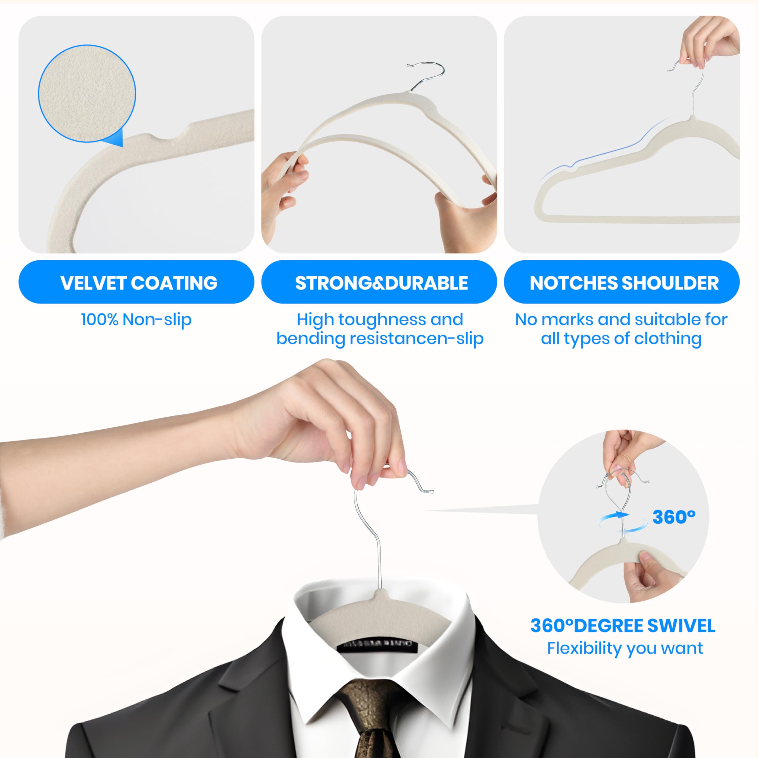 Simple Deluxe Velvet Hangers 30 Pack, Non-Slip Clothes Hangers With Shoulder Notches, 360 Swivel Hooks, Heavy Duty Coat Suit Han