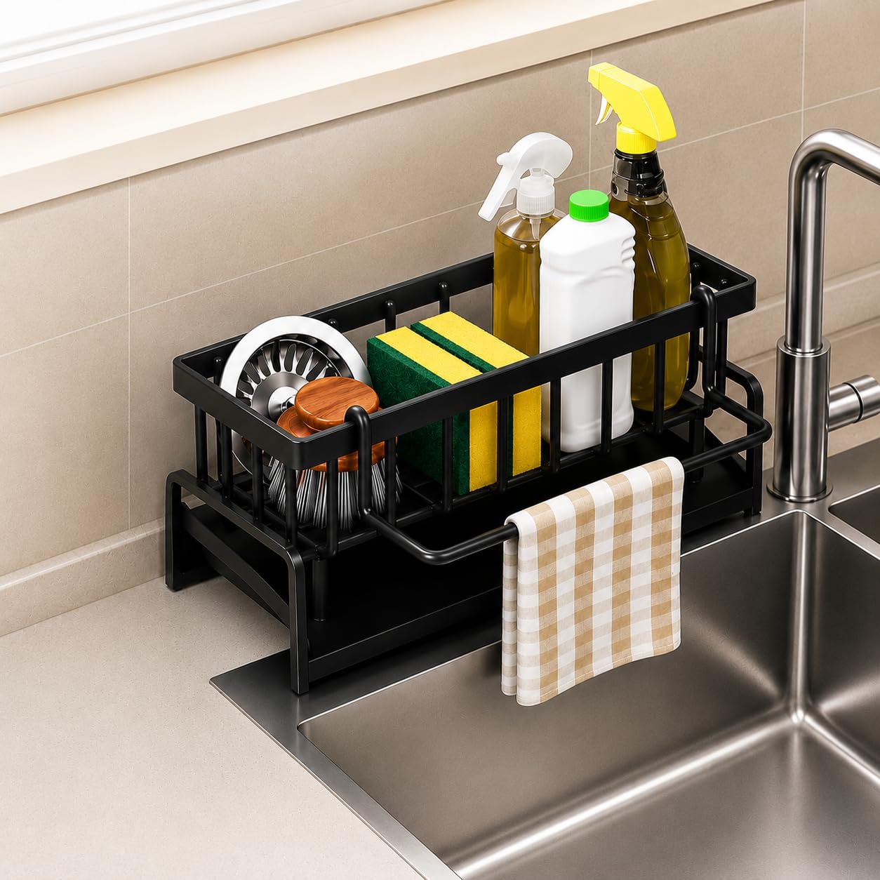 Shopsutra Kitchen Sink Organiser With Drain Tray, Countertop Storage Rack For Dish Soap Sponge Scrubber, Metal Wire Design, Blac