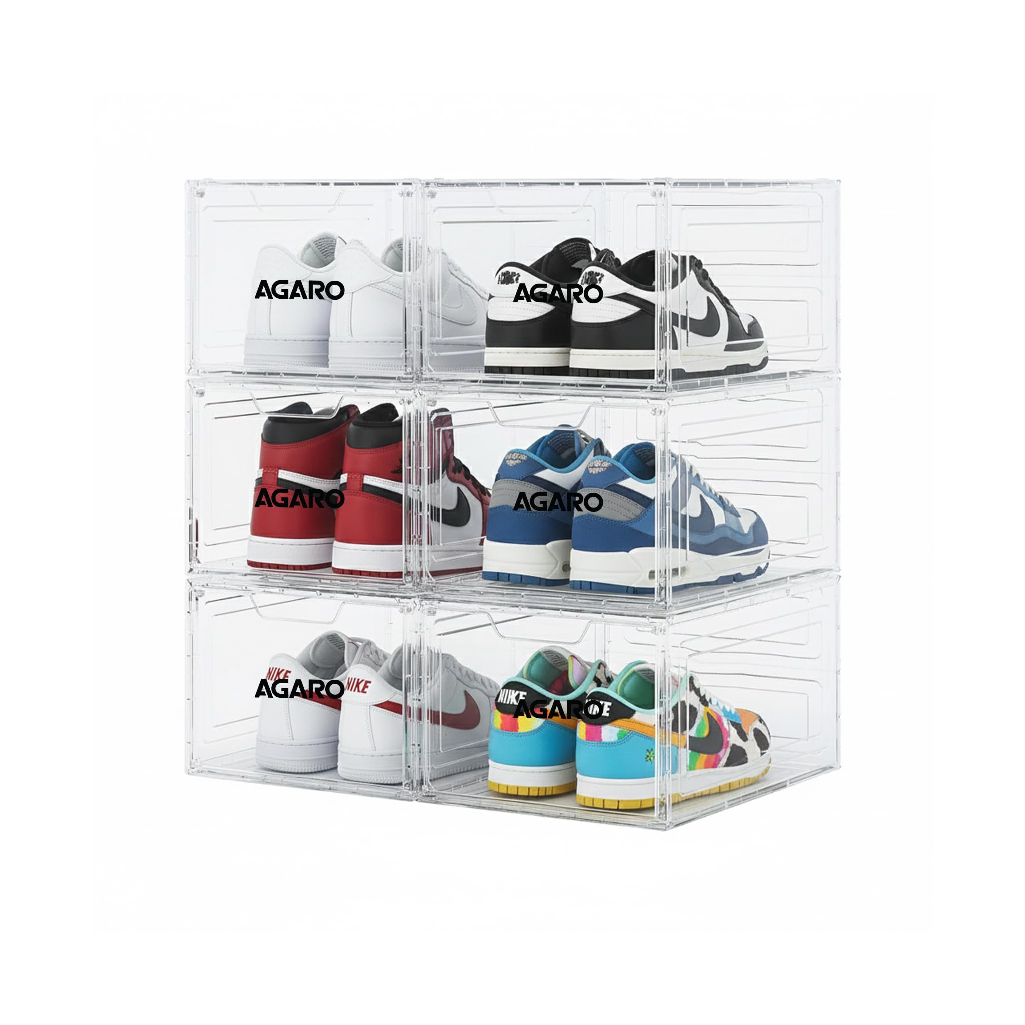 Agaro Stackable Shoe Storage Box Organizer | Heavy Duty, Transparent, Plastic Sneaker Crates Container With Magnetic Door |Space