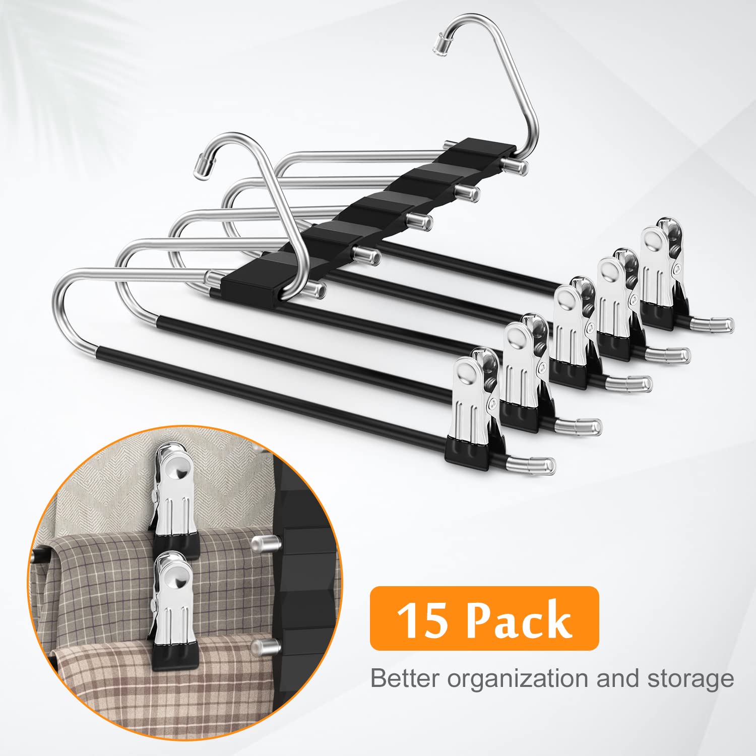 Loretoy 3 Pack Pants Hangers Space Saving, Anti-Slip Multi-Functional Pants Rack, Thickened Stainless Steel Tube With 15 Metal C