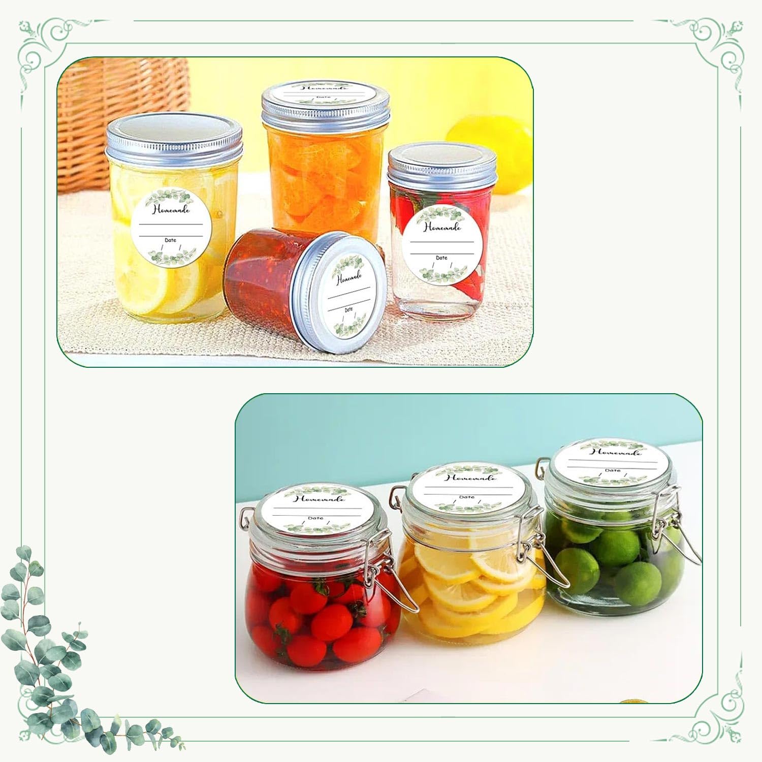 Watercolor Green Plants Canning Stickers Round Food Labels 2 Inch - Write On Date Contents Canning Jar Lids Labels With Lines Fo