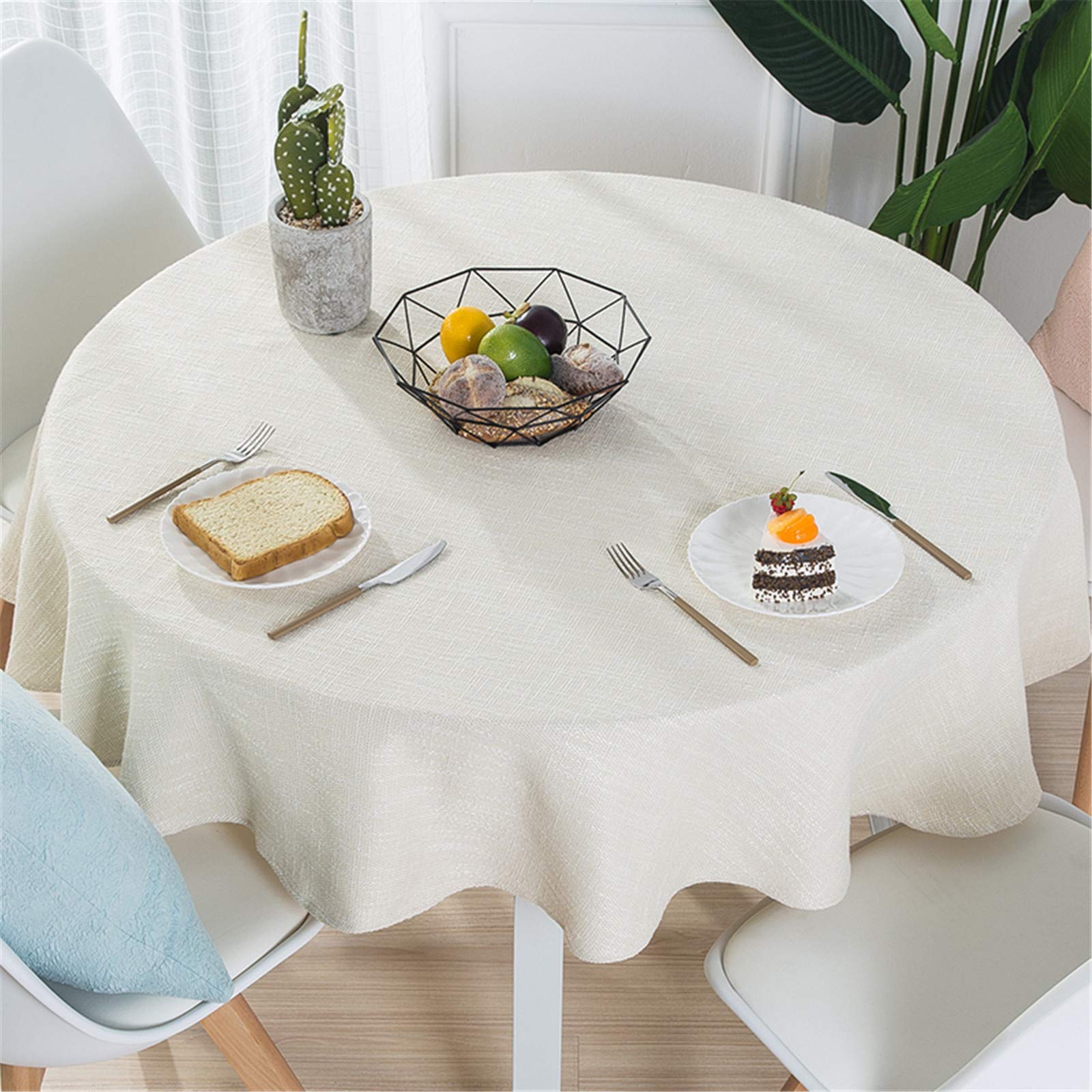 Dimatic Cotton Linen Solid Color Tablecloth Round Simple Style Table Cover For Small Round Table 24''-40'' (2 Seats), Off White,