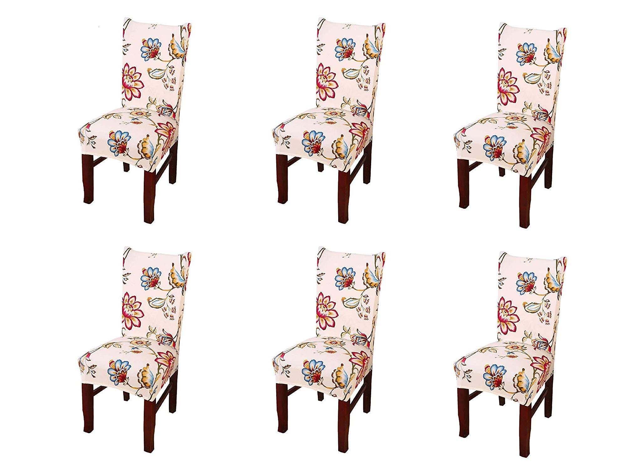 House Of Quirk Elastic Chair Cover Stretch Removable Washable Short Dining Chair Cover Protector Seat Slipcover (6 Pc, Beige Flo
