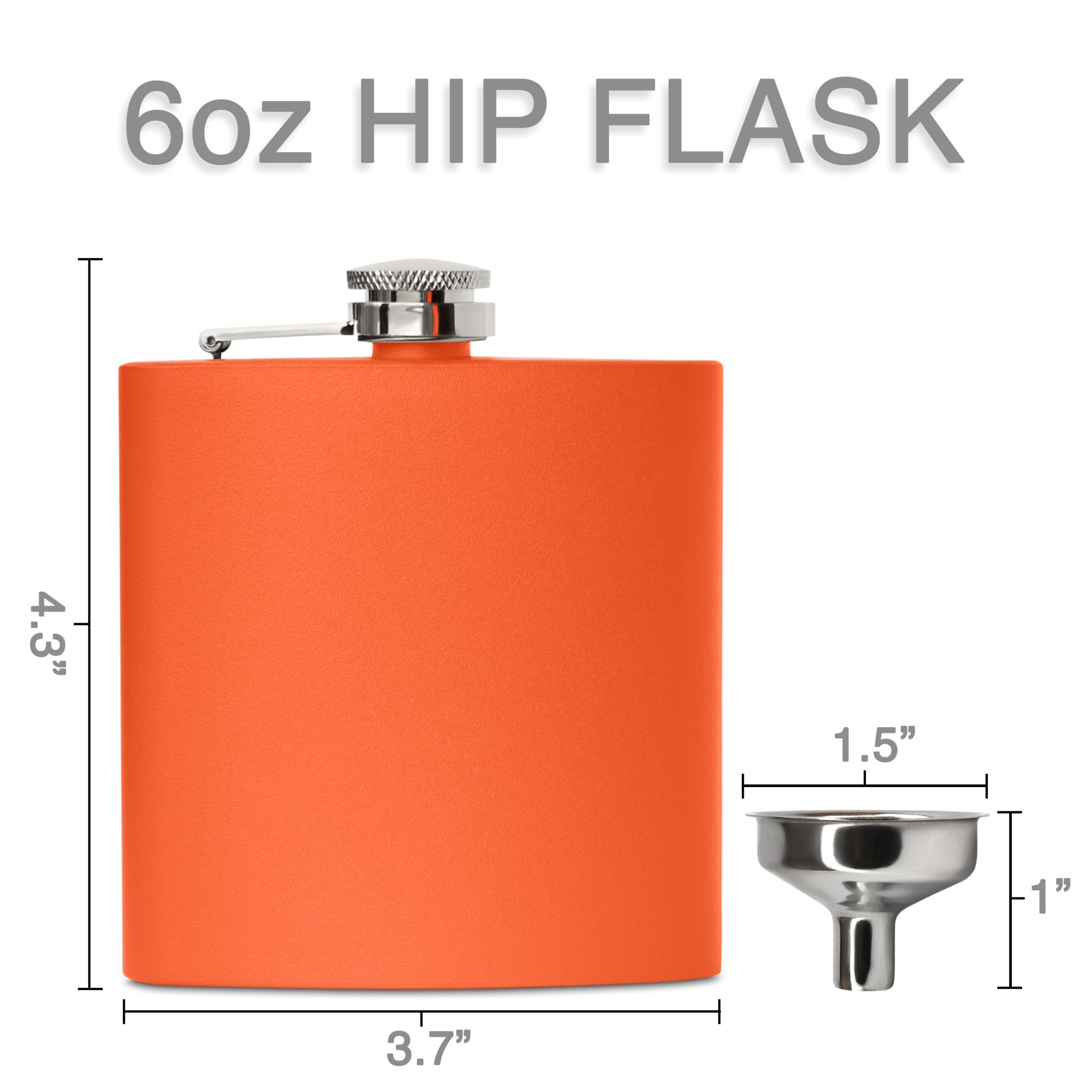 Clear Water Home Goods - 6 Oz Powder Coated Stainless Steel Hip Flask - Wedding Party - Groomsman - Bridesmaid (Matte Orange, 1)