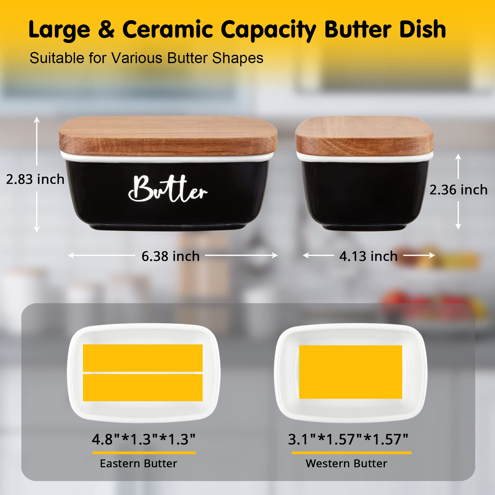 Black Butter Dish, Alelion Large Ceramic Butter Dish With Lid For Countertop, Butter Keeper Container With Acacia Wooden Lid, Ki