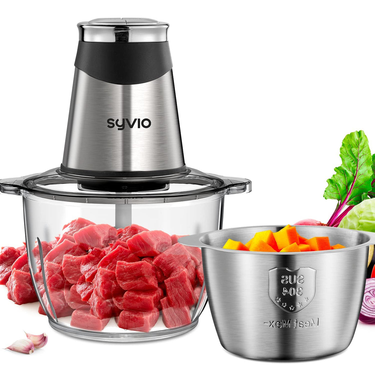 Syvio Food Processors with 2 Bowls, Meat Grinder 4 Bi-Level Blades, Mini Electric Food Chopper 400W, for Baby Food, Meat, Onion,