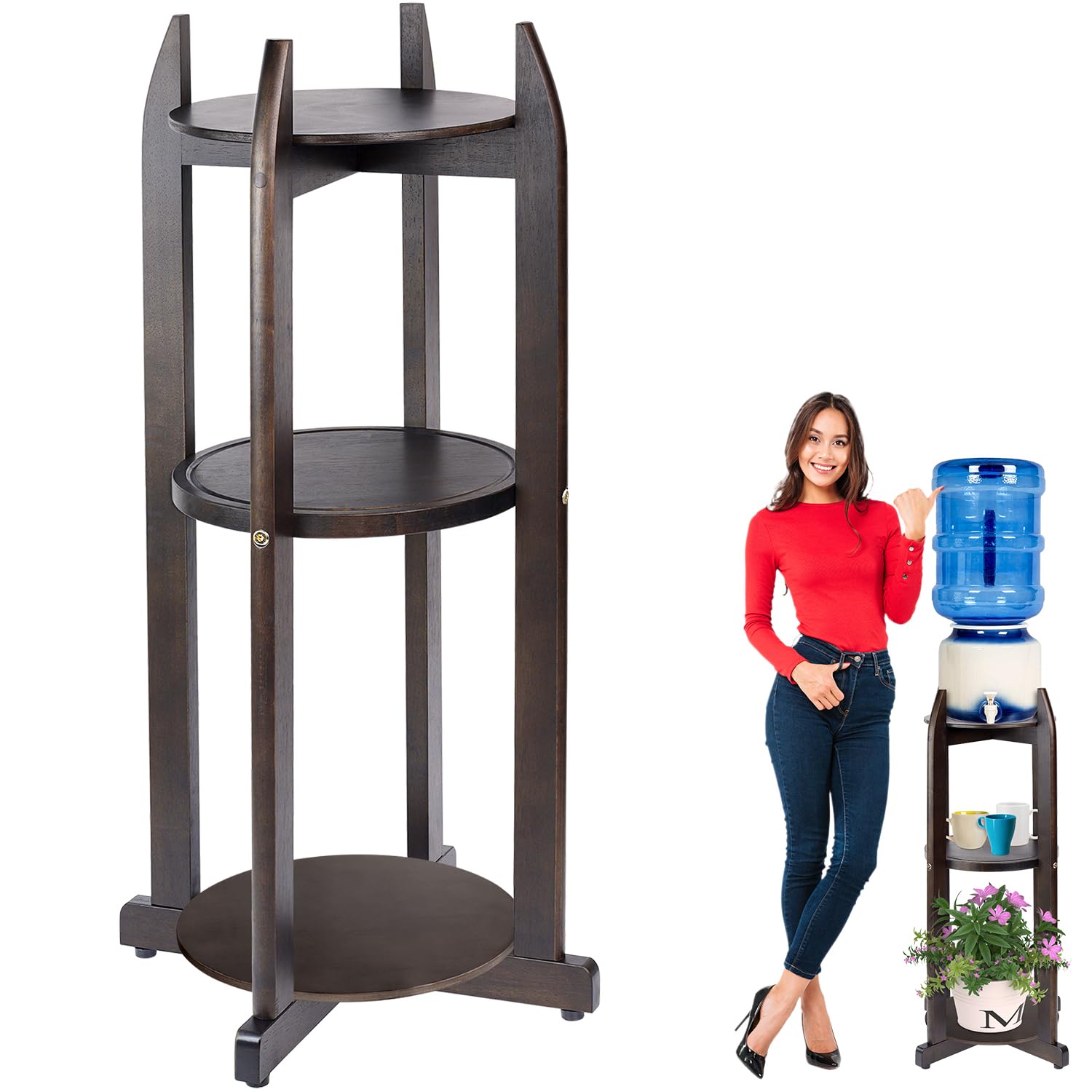 BETSEO Natural Solid Wood Water Dispenser Floor Stand (32.8 Hight-11.2 Wide) Drink Dispenser Floor Stand with 3 Round Shelfs Inc