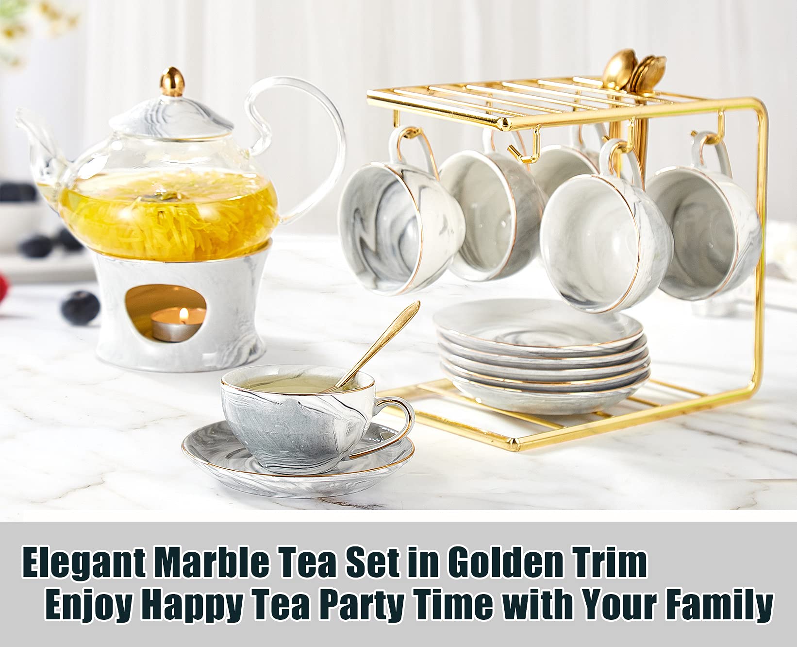 Dujust 21 Pcs Small Tea Set Of 6, Gray Marble Texture With Handcraft Golden Trim, Fine Porcelain Tea Pot Set For Kids&Adults, 1