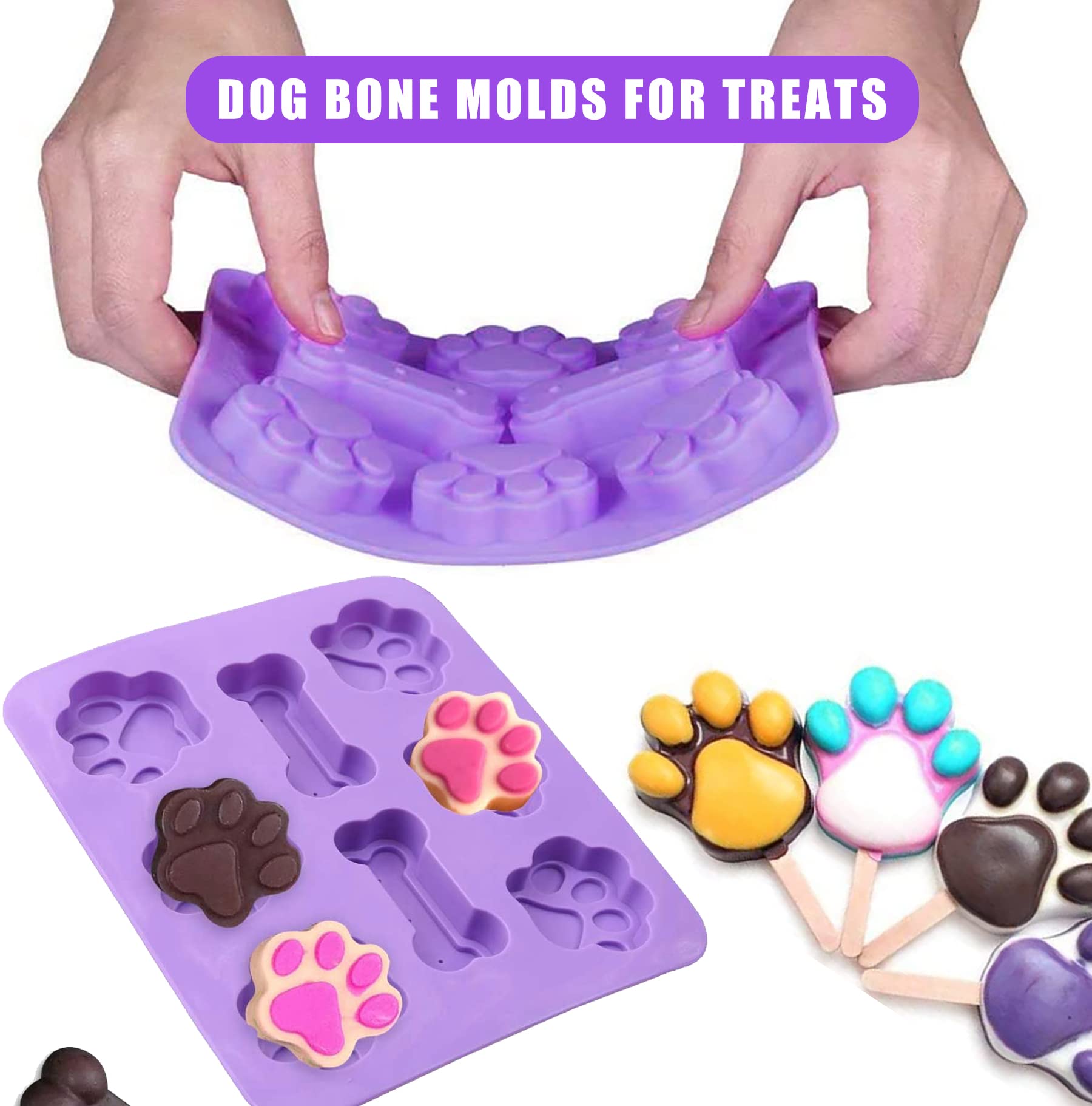 Set Of 7,4 Packs Silicone Molds Puppy Dog Paw & Bone Shaped And 3 Packs Stainless Steel Bone Cookie Cutter,For Homemade Treats A