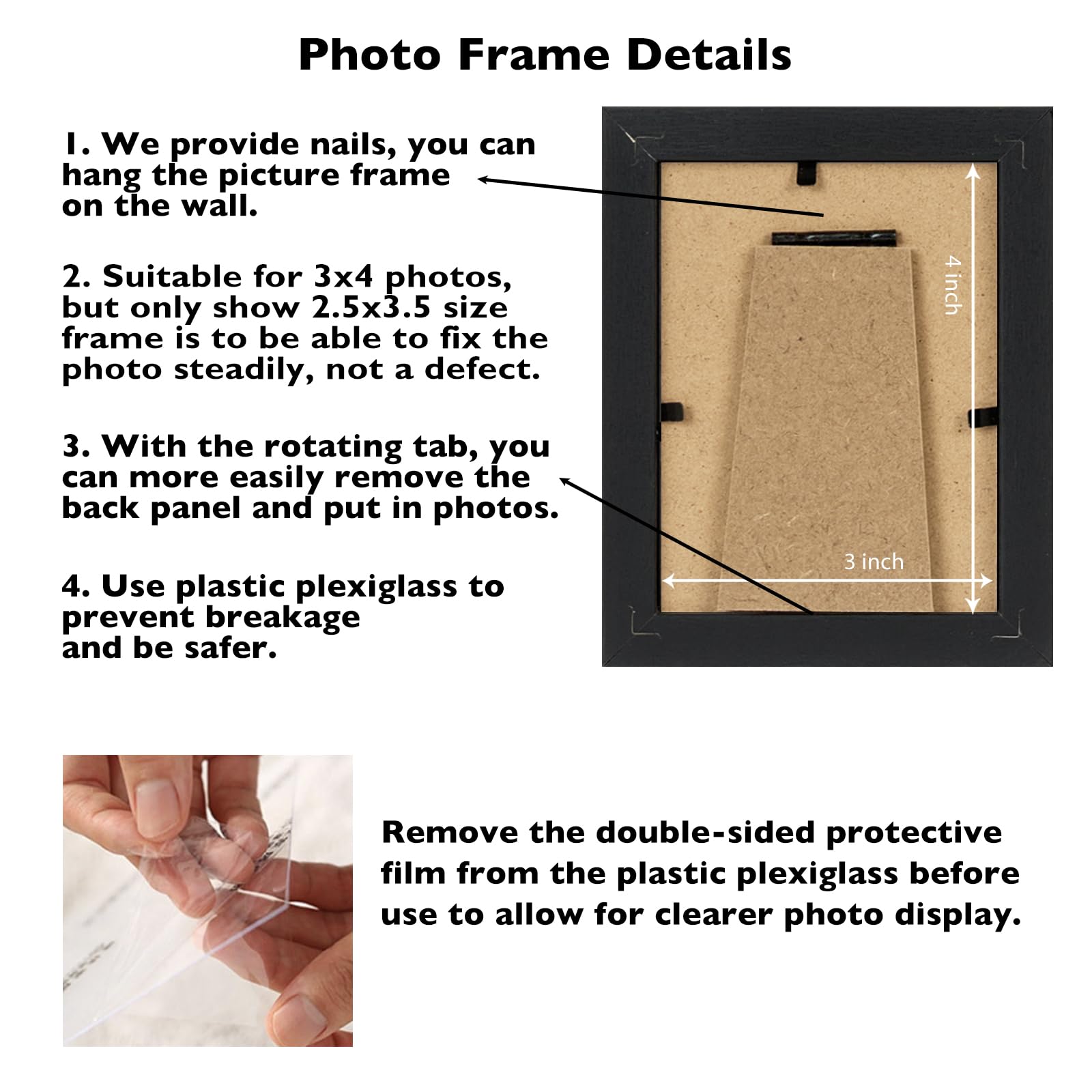 JCJMY 3x4 Picture Frame Set of 4 for Tabletop or Wall, 3 x 4 Wall Gallery Poster Photo Frame with Shatter Resistant Plexiglass,