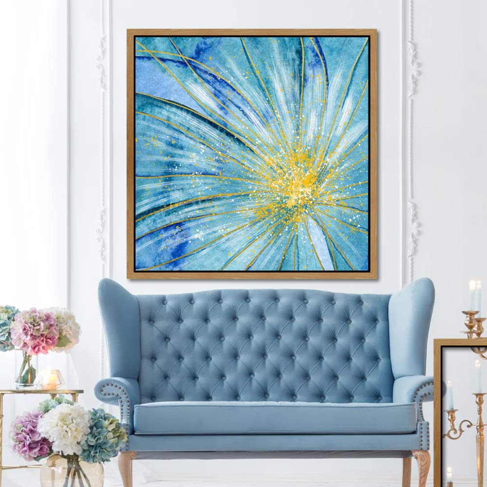SIGNWIN Framed Canvas Print Wall Art Blue Flower with Yellow Paint Dots Nature Wilderness Watercolor Modern Art Rustic Colorful Multicolor Pastel for Living Room  Bedroom  Office - 16''x16'' Natural