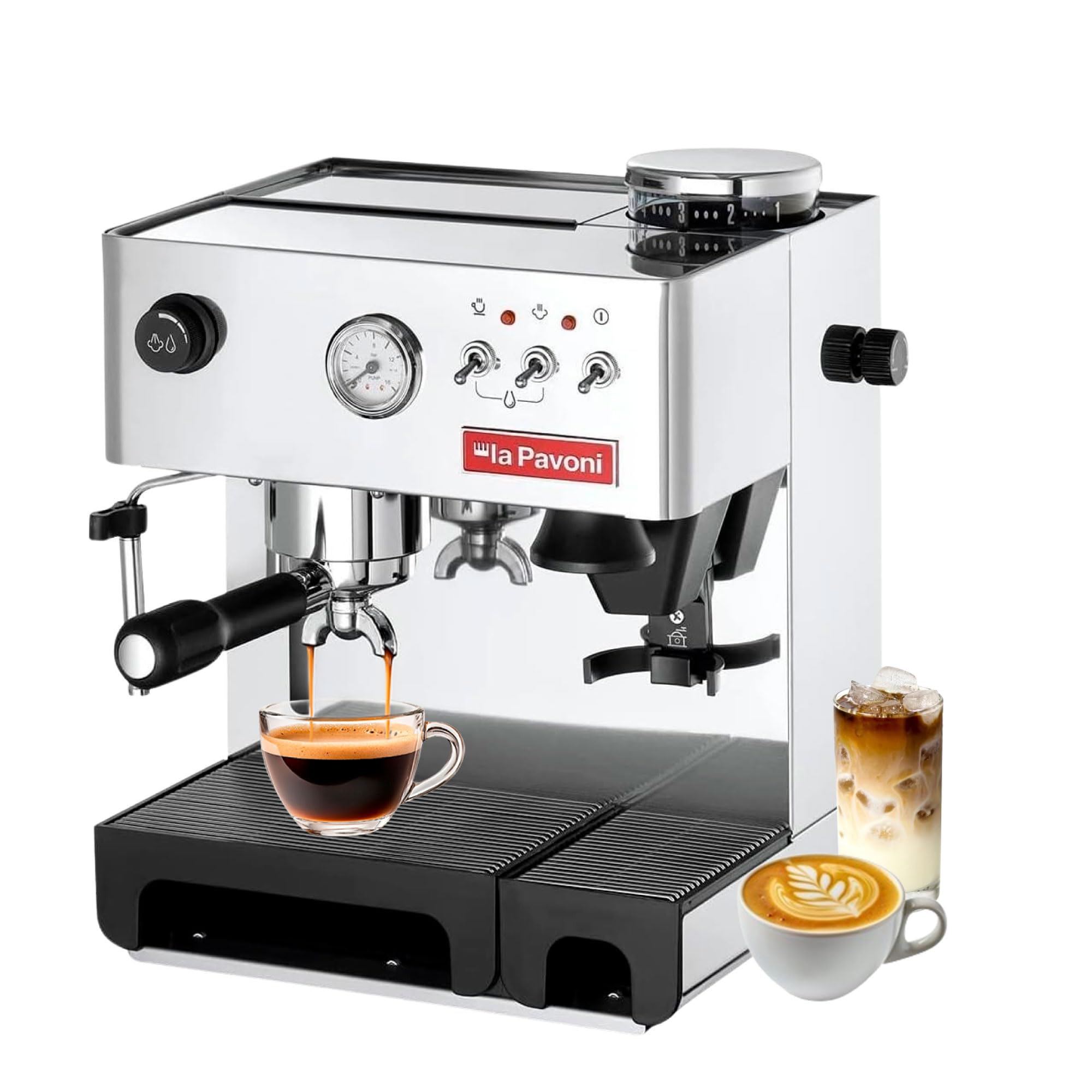 La Pavoni Domus Bar Espresso/Cappuccino Machine - Built-in Conical Burr Grinder with 7 Settings - Stainless Steel Body - 2.7L Wa