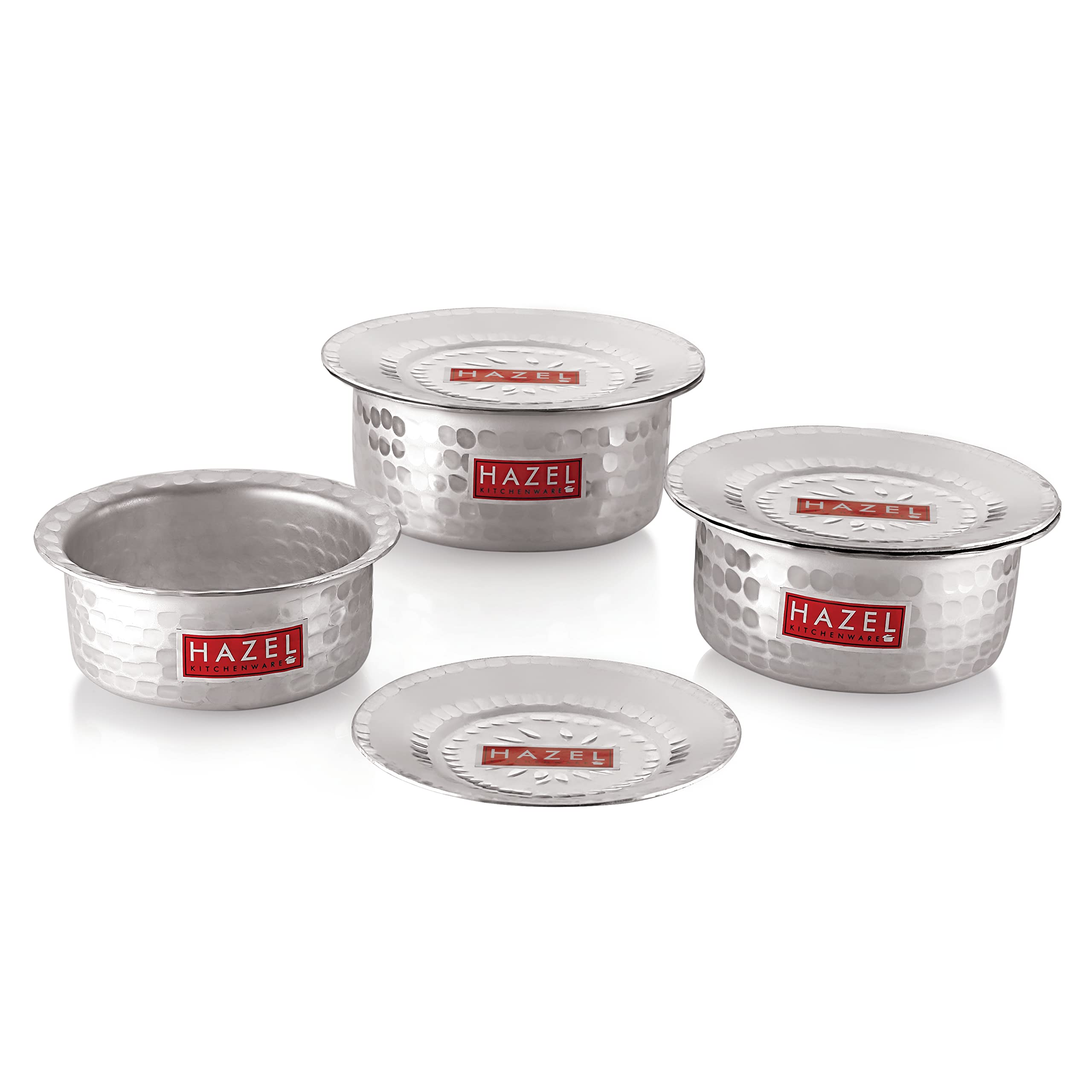 Hazel Aluminium Hammered Tope Set With Lid | Patila Set Of 3 (1L, 1.4L & 1.8L) | Food-Grade Aluminium Kitchen Utensils For Tradi
