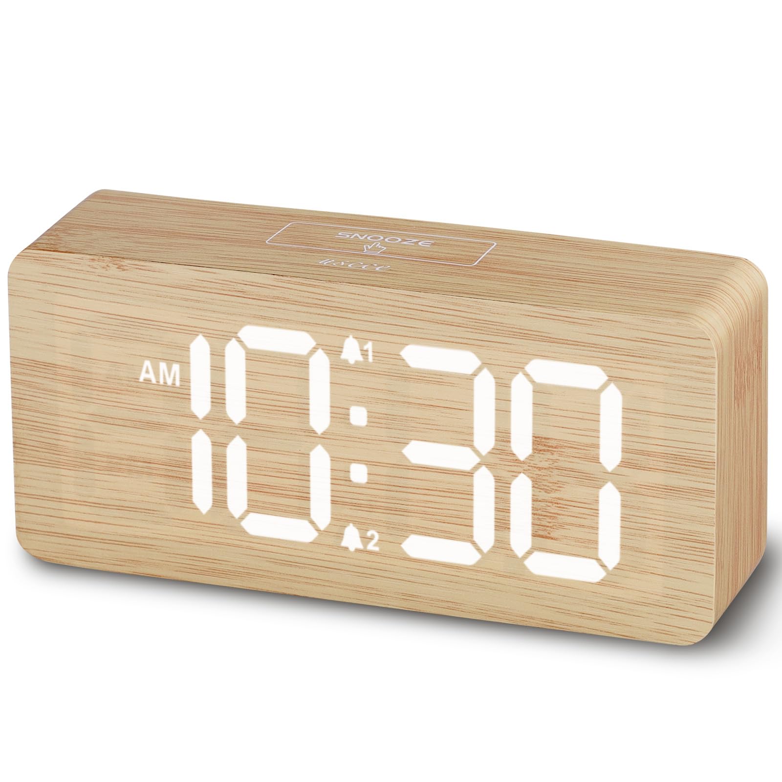 uscce Wooden Digital Alarm Clocks for Bedrooms: Dimmable Dual Alarm Clock with Large Numbers for Bedside Desk - Blue