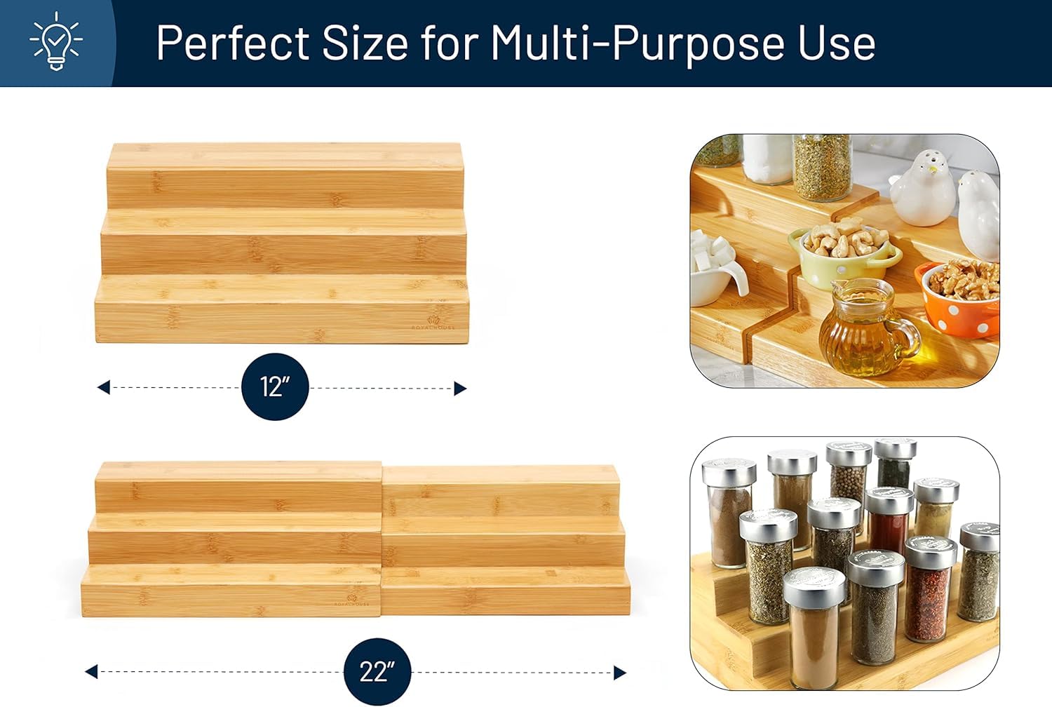 Royalhouse Bamboo Expandable Spice Rack Organizer, 3-Tier Adjustable Kitchen Cabinet, Countertop Display Shelf, Space Organizer