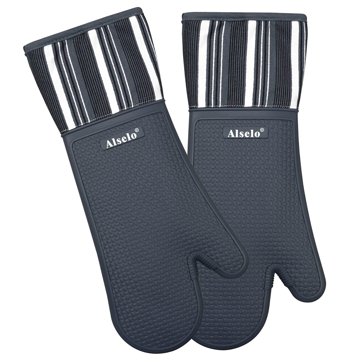 Alselo Silicone Oven Mitts Heat Resistant 550 Degree Extra Long Kitchen Gloves Pot Holders With Waterproof And Non-Silp For Baki
