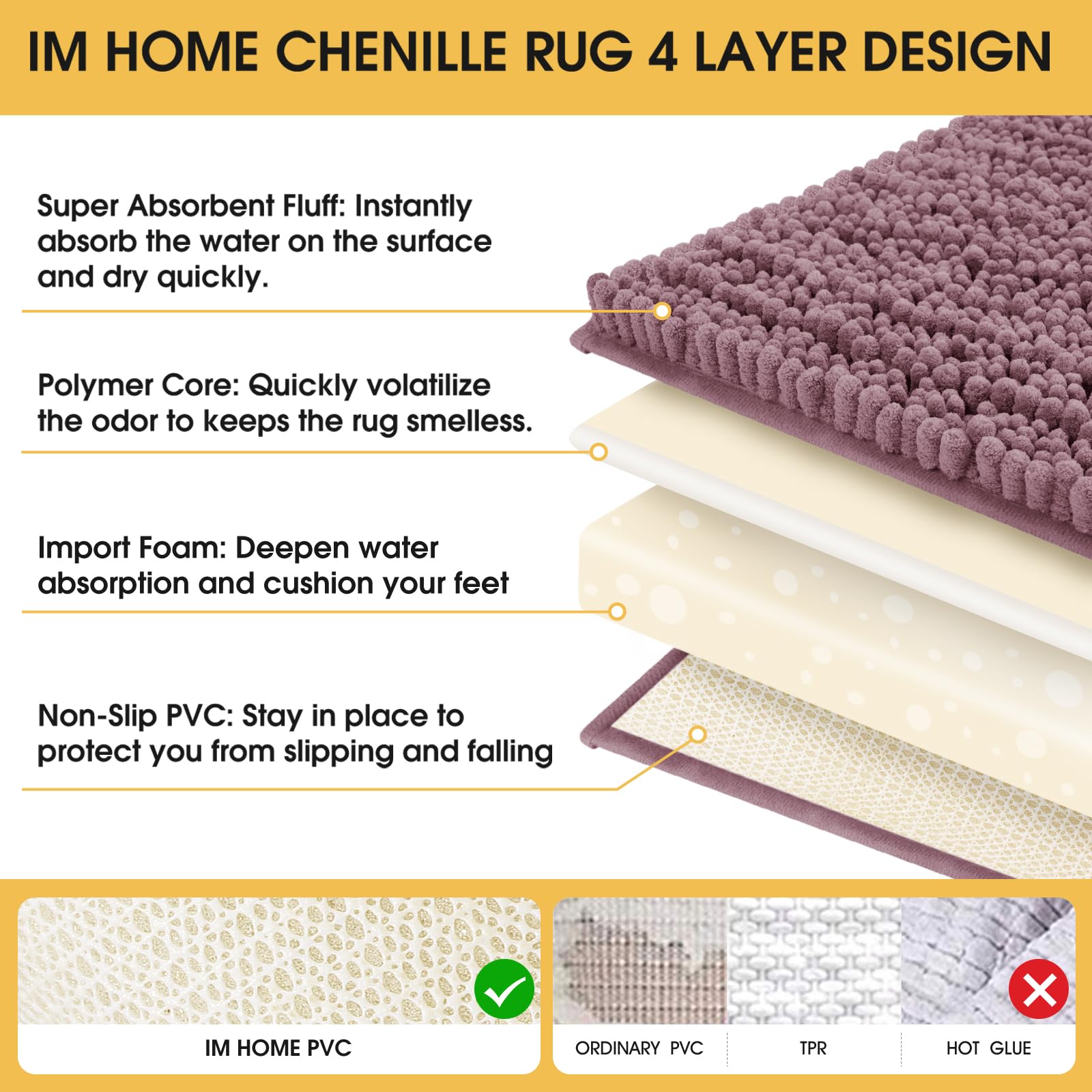 Accumtek Upgrade Extra Large Mauve Bathroom Rug Set 3 Pieces Ultra Soft, Thick Absorbent Bath Mats, Non Slip Chenille Toilet Mat