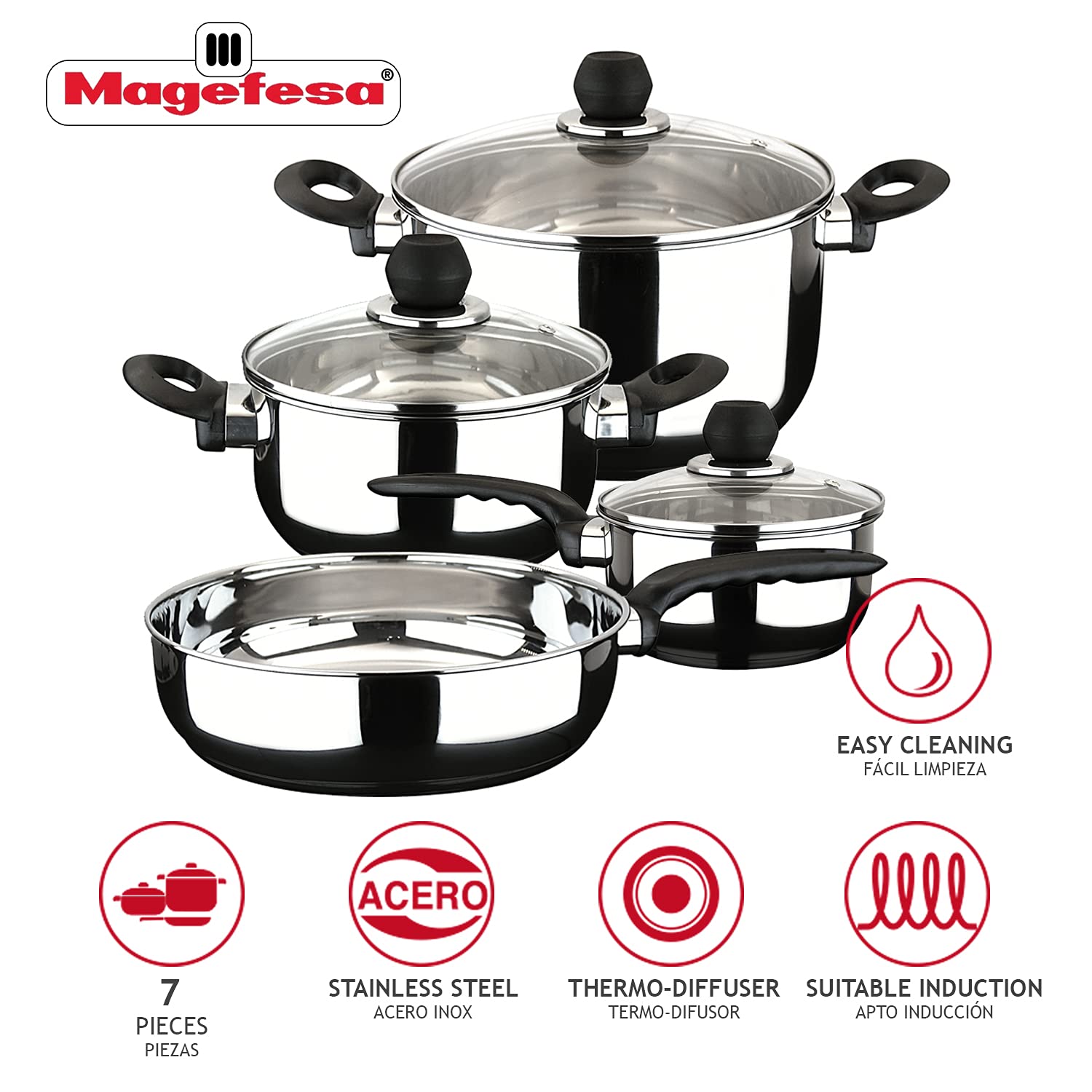 MAGEFESA  Practika pot an pan set, 7 Piece, this cookware include Stockpot, Stew pot, Saucepan, Deep saut  , Stainless Steel, co