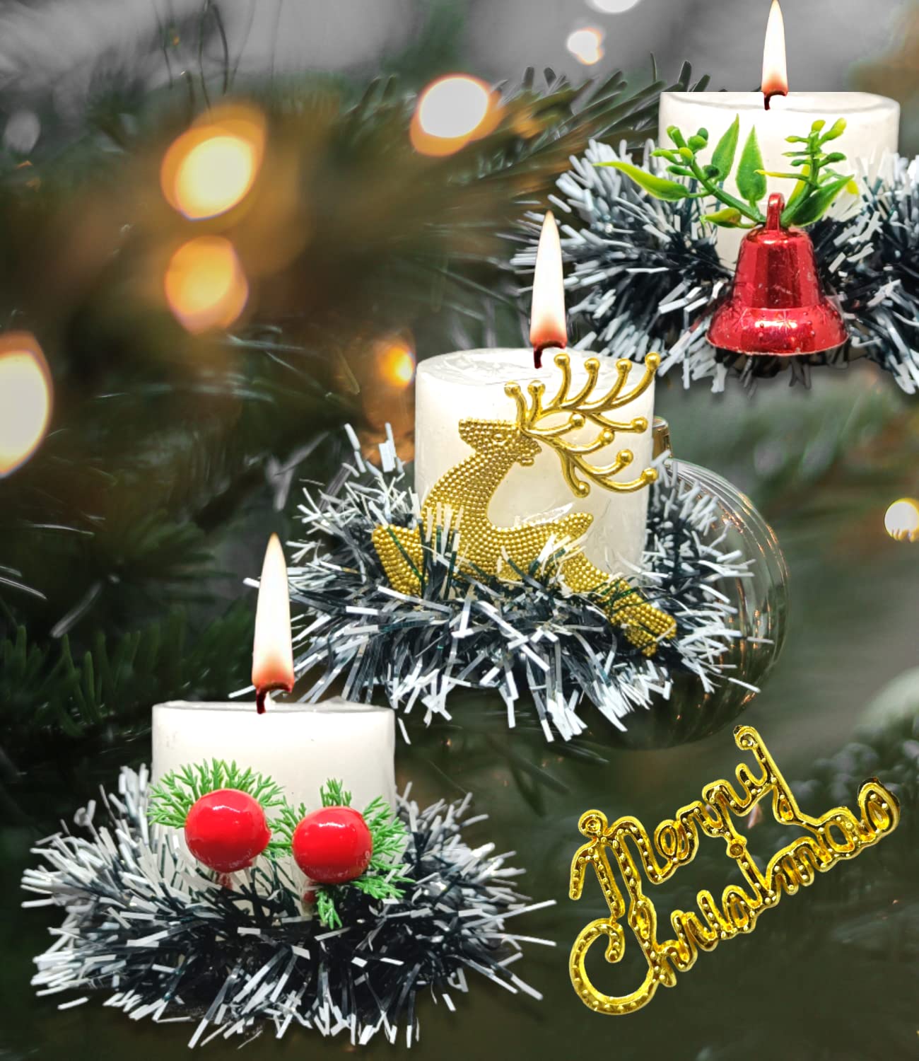 Quarya Decorative Candles White Wax Pillar Round Merry Christmas Candles with Decoration Items for Xmas Santa Candles for Home O